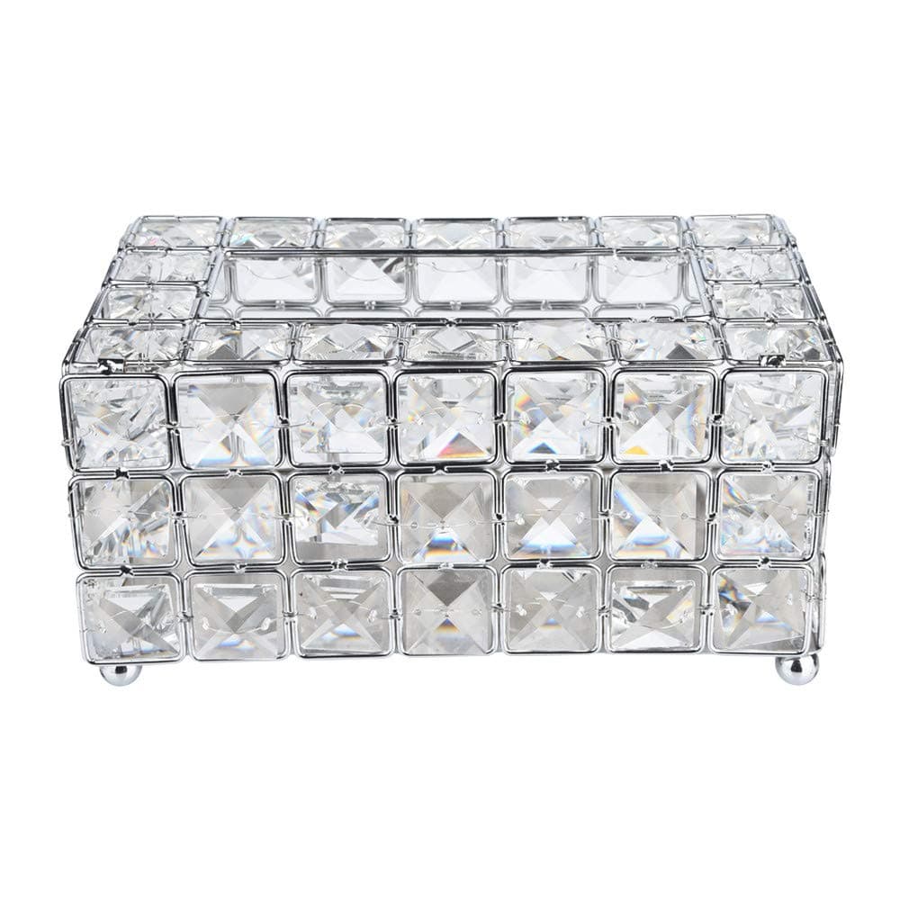 Handmade Square Crystal Tissue Box Rectangular Holder for Storage on Bathroom Vanity, Countertop, Bedroom Dresser, Night Stand, Desk, Table Tissue Tray (Silver)