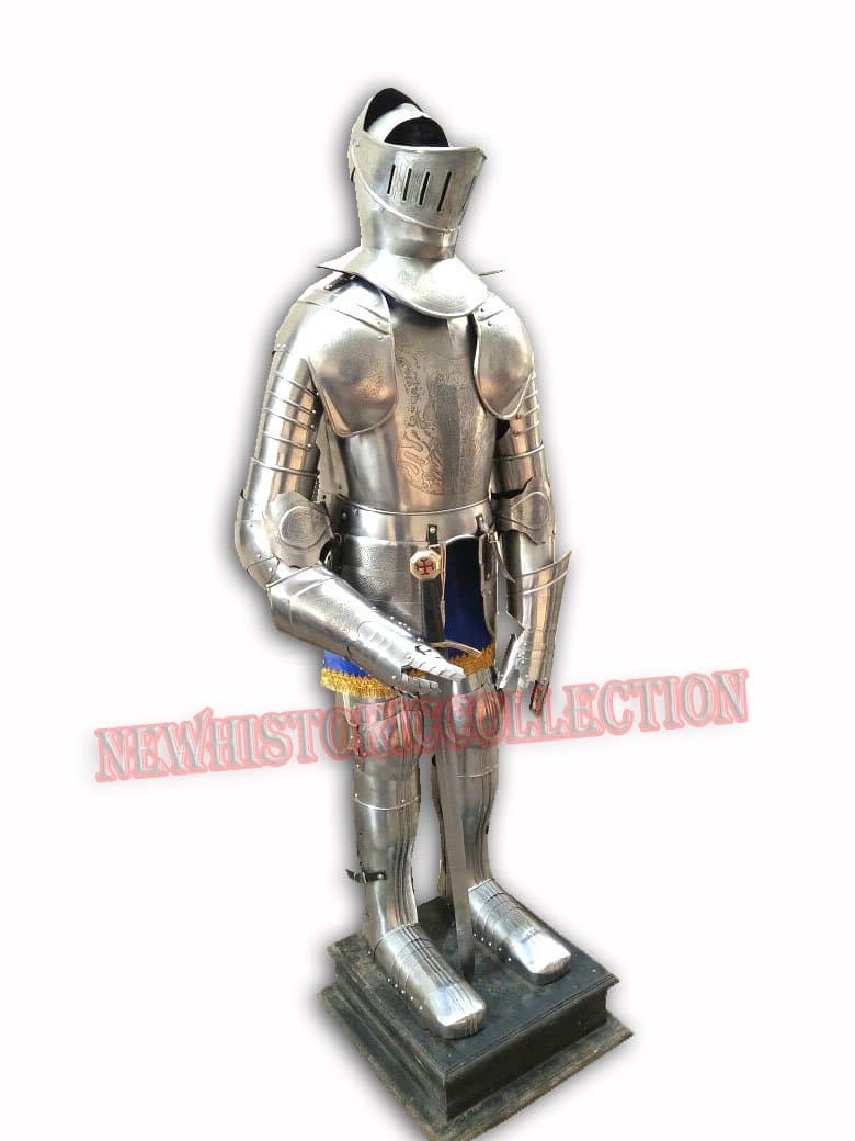Rare Etched Medieval Knight Suit Of Templar Armor W/Sword Combat Full Body Armour