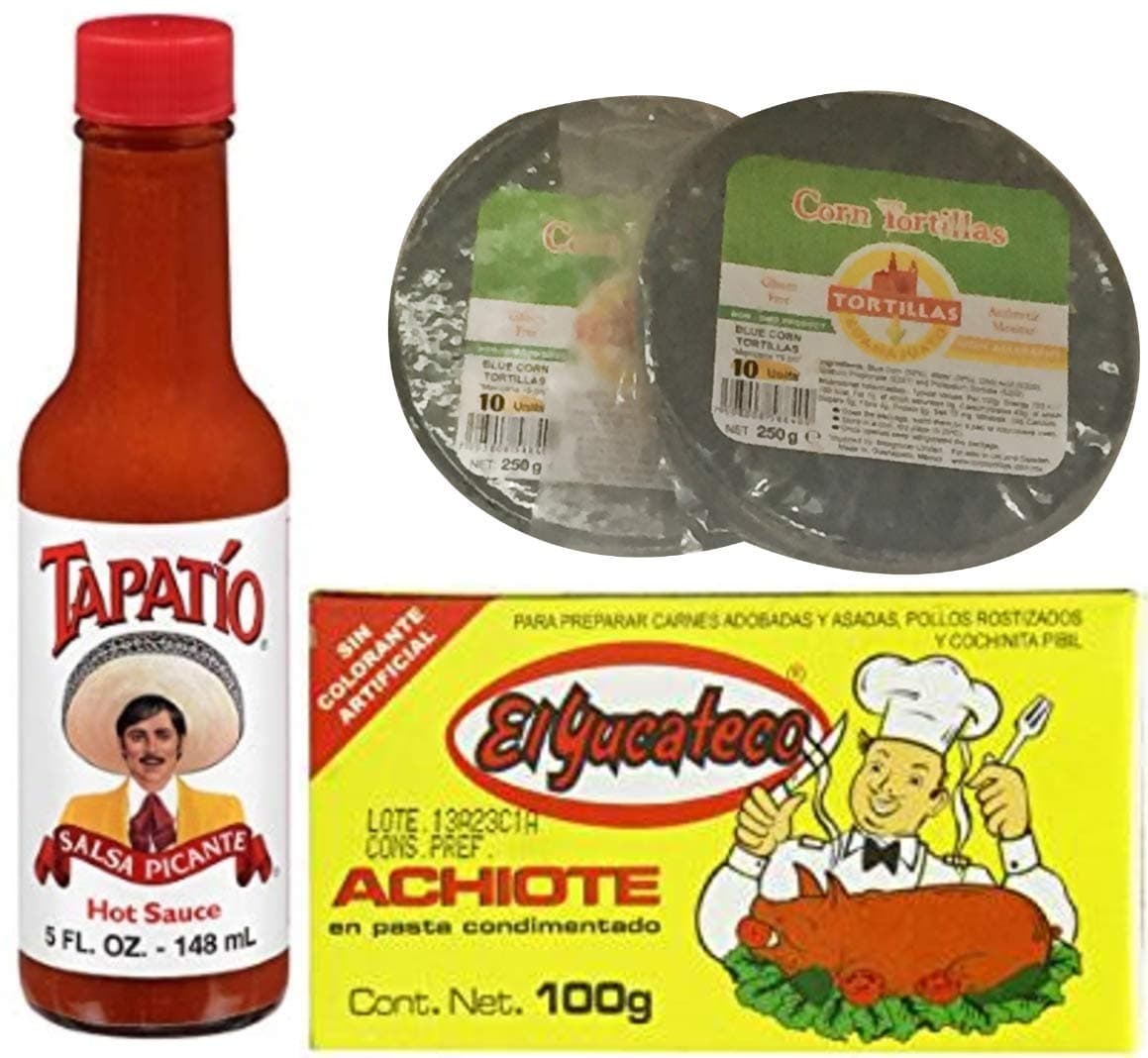 Mexican Food Set - Corn Blue Tortilla 15cm, El Yucateco Achiote Paste and Tapatio Salsa Picante Hot Sauce