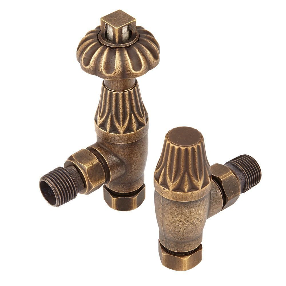 Home Standard® Westminster Traditional Antique Brass Angled Central Heating Radiator Valves 15mm (Pair) | Thermostatic | Solid Brass