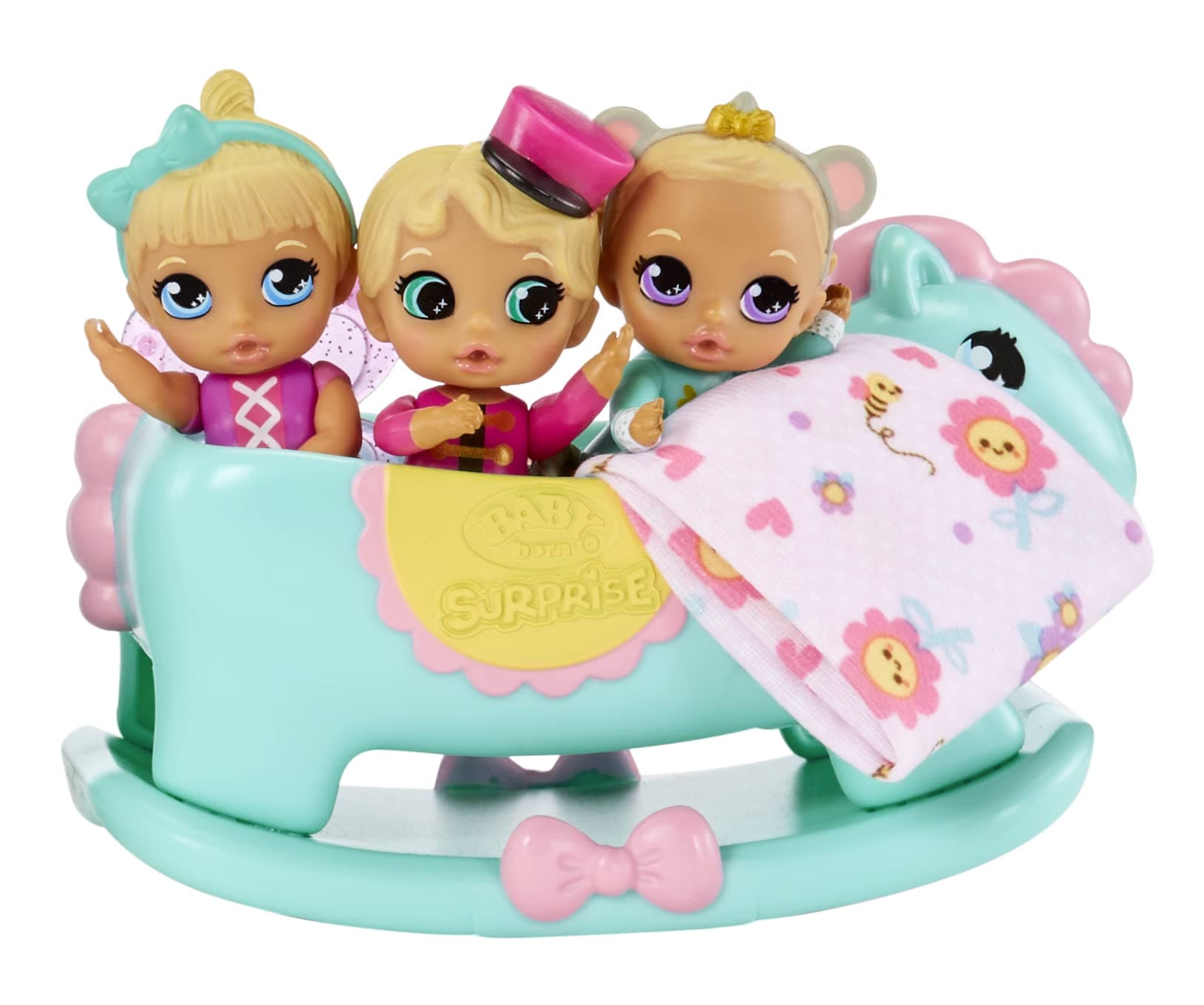 Baby Born Surprise Mini Babies 2.25" Unwrap Surprise Twins or Triplets Collectible Baby Dolls with Soft Swaddle, Blanket, Rocking Horse, Age 3+, Multicolor (918537)