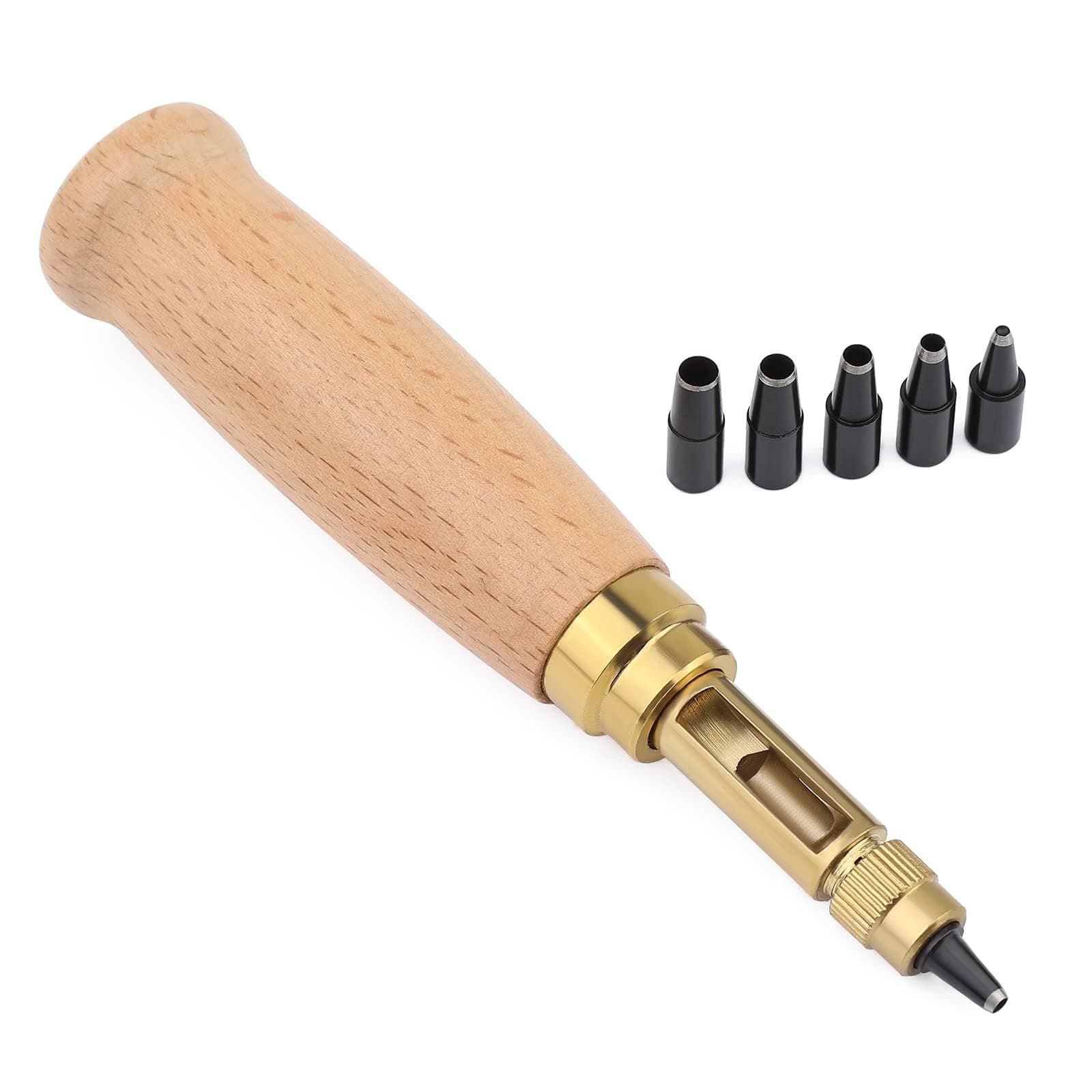 Mnuizu Adjustable Leather Hole Punch, 6 Tip Sizes Belt Hole Puncher, Paper Craft Hole Punch, Wood Handle Hole Punch Bookbinding Tool for Sewing Leather