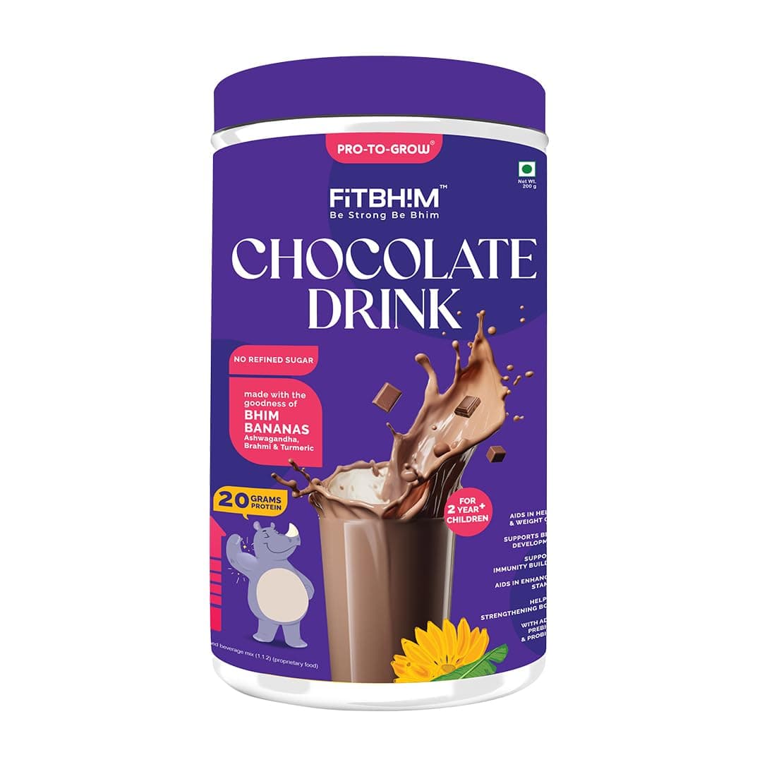 Pro To Grow Fitbhim Nutritional Chocolate Drink Powder 200g | Enriched with Bhim Banana | Belgian Chocolate Flavor for Kids (2+ years) | Ideal for Brain Growth & Immunity Support
