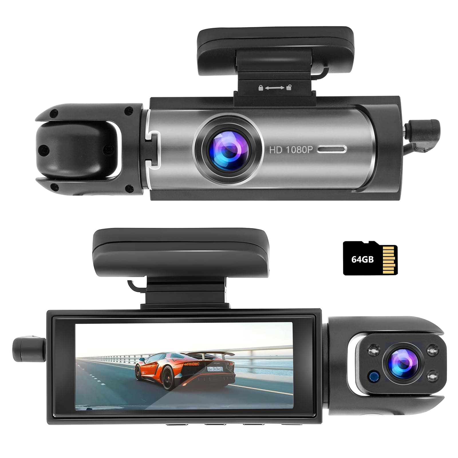 Dash Cam Front and Inside,Dash Camera for Cars 3.16inch Dash Cam 1080P,64G Card,G Sensor HD Night Vision Loop Recording Wide Angle Car DVR (Front&Inside+64G)