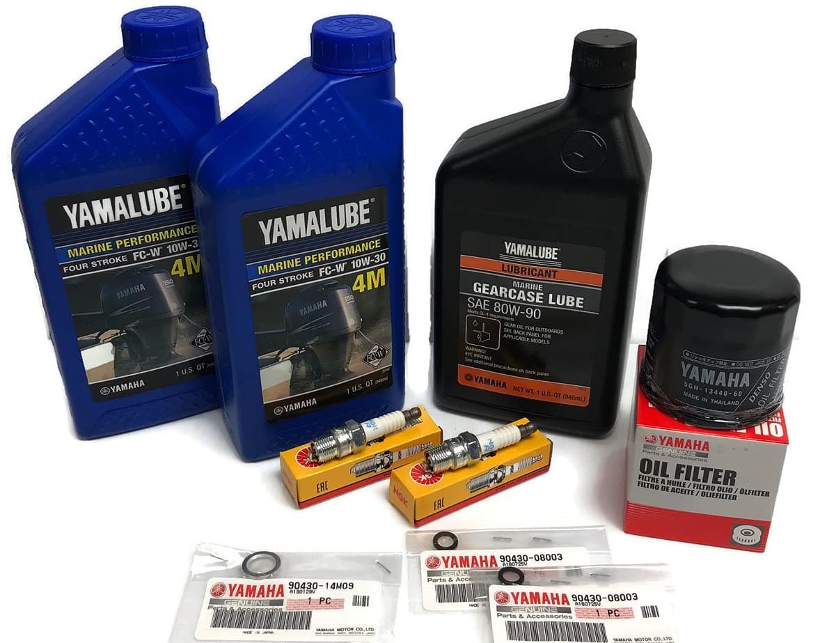 YAMAHA 2007+ F15C/ F20 Outboard Oil Change 10W30 FC 4M Lower Unit Gear Gearcase Lube Drain Fill Gaskets Spark Plugs NGK DPR6EA-9 Filter 5GH-13440-60-00 Maintenance Kit