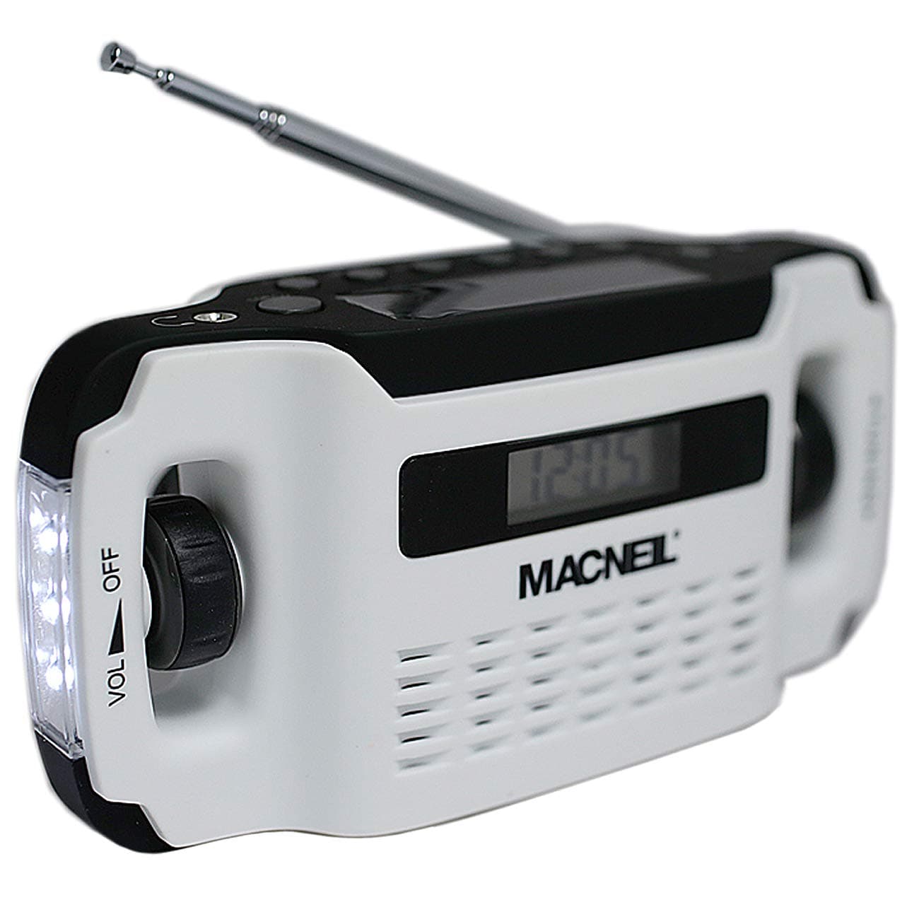 Macneil Windup and Solar Powered Portable AM/FM Radio with Built-in LED Torch and USB Charging Cable - Ideal for Walking, Hiking Camping and Home Office/Kitchen use - in Alpine White
