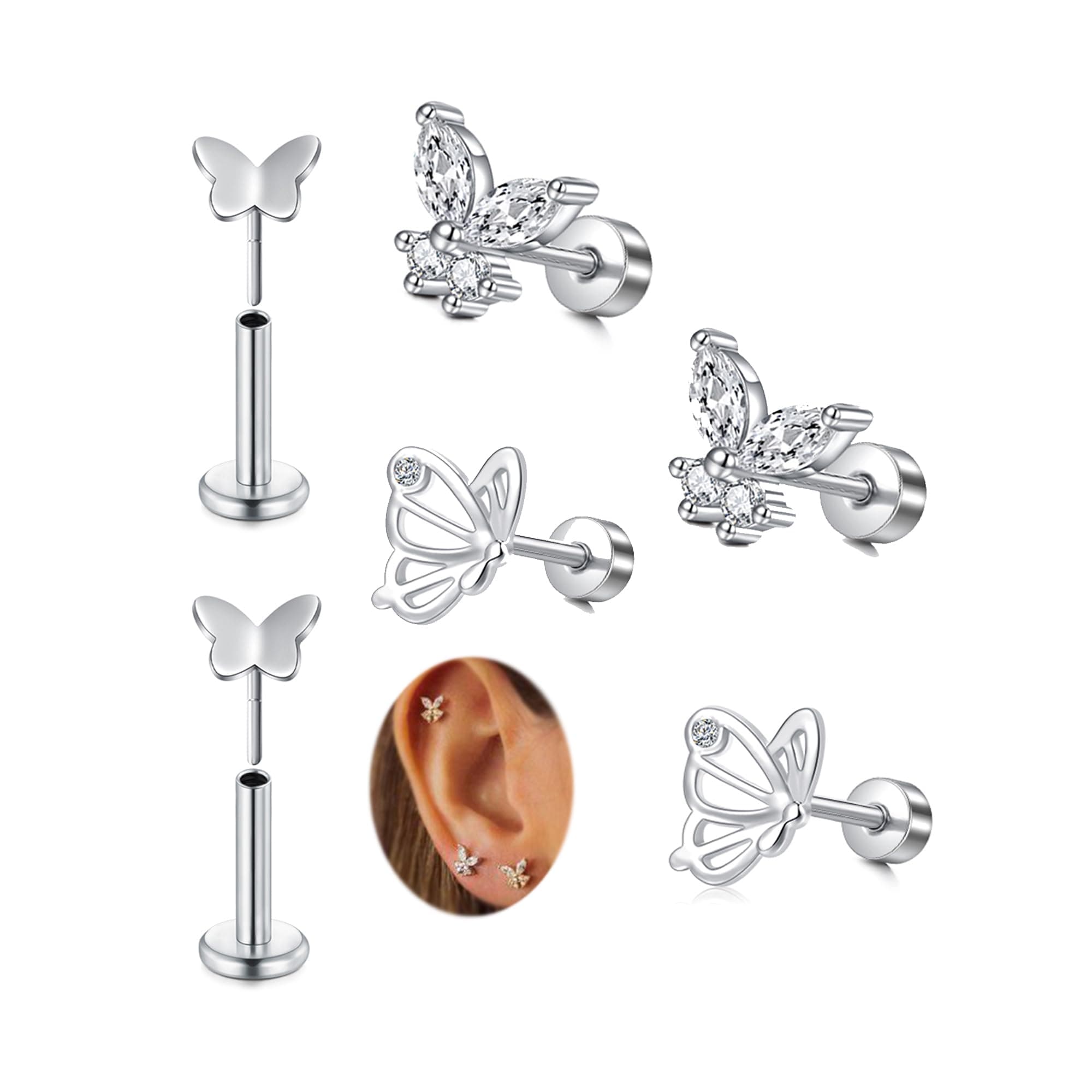 Silver Gold Cartilage Earring for Women Hypoallergenic Flat Back Earrings Threadless Helix Earring Tragus Studs 6mm Cartilage Jewelry Flatback Surgical Steel Butterfly Heart Earrings for Women