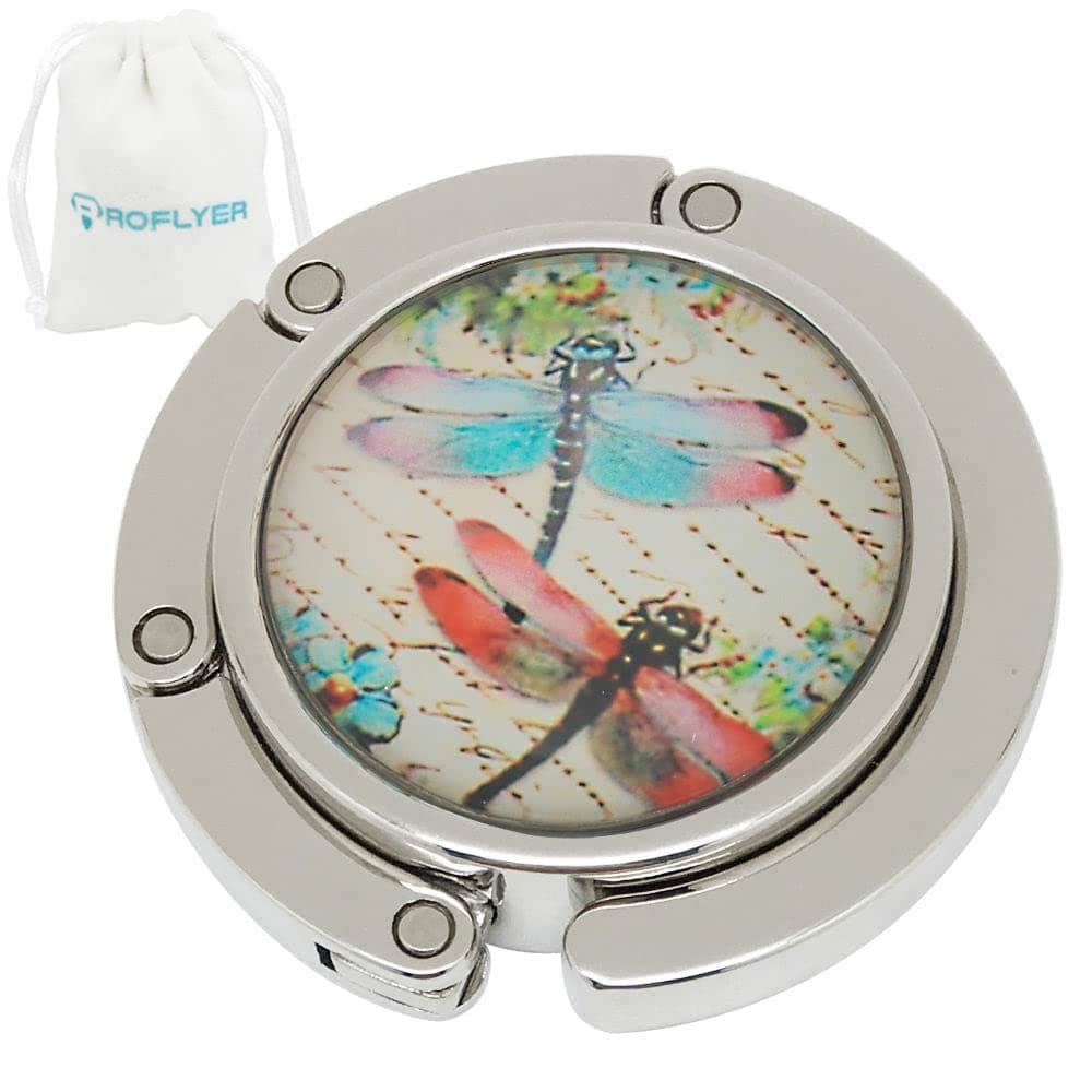 Cute Round Purse Hook - Foldable Handbag Hanger Safer Cleaner Bag, Fold Up Folding Table Hanger, with Velvet Pouch (Dragonfly)