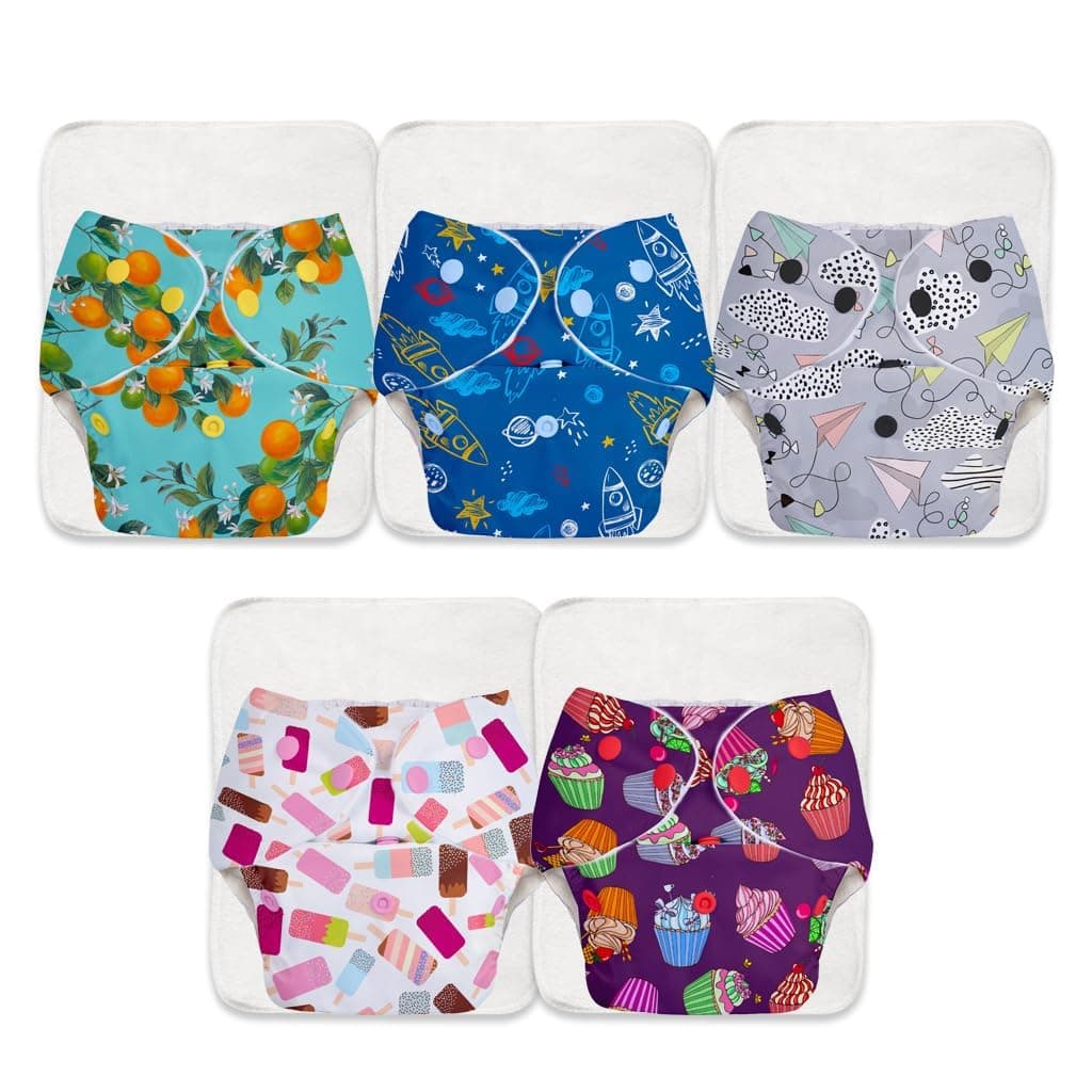 Superbottoms Basic Leakage-proof advanced cloth diapers for babies, High Absorbent 100% cotton 5 reusable diaper and 5 insert pad Combo Pack washable cloth diaper 3M -3Years Adjustable, Reduces Rash