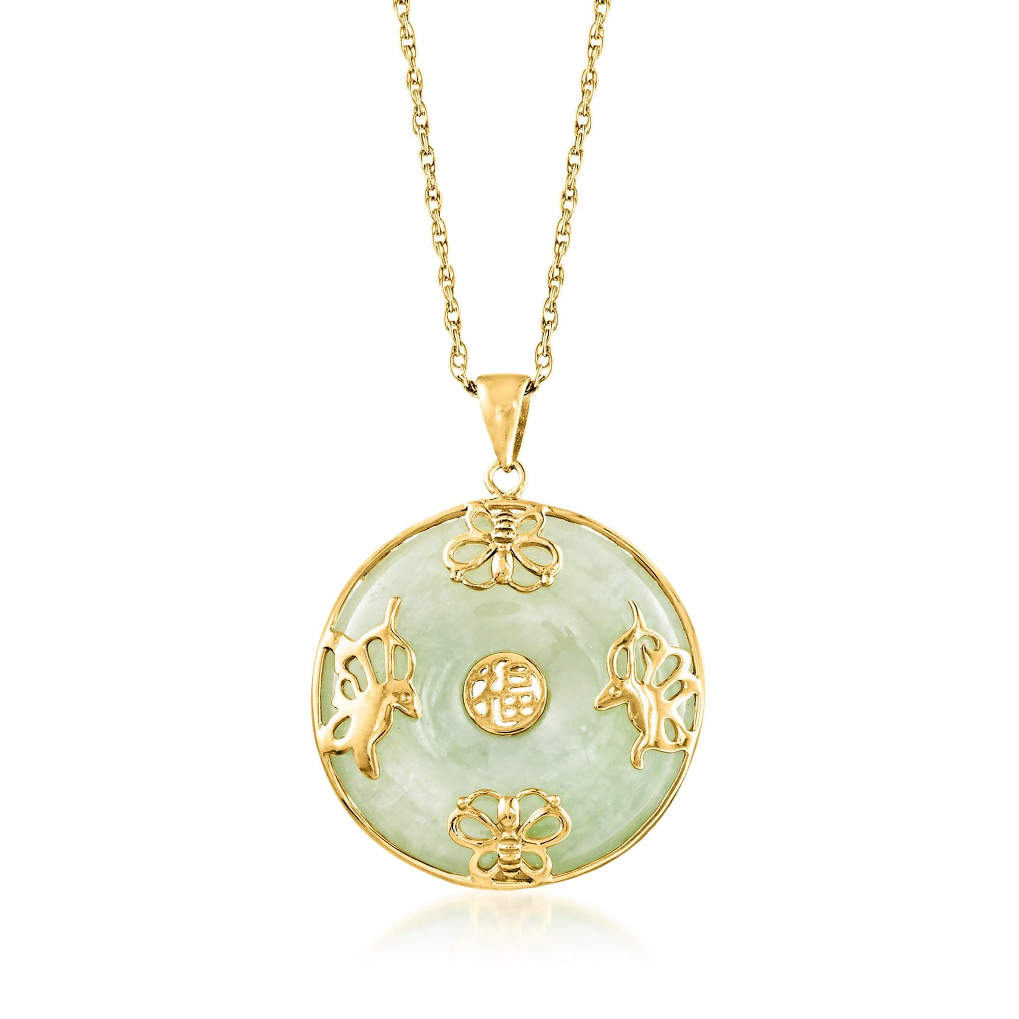 Ross-Simons Jade"Good Fortune" Butterfly Pendant Necklace in 18kt Gold Over Sterling. 18 inches