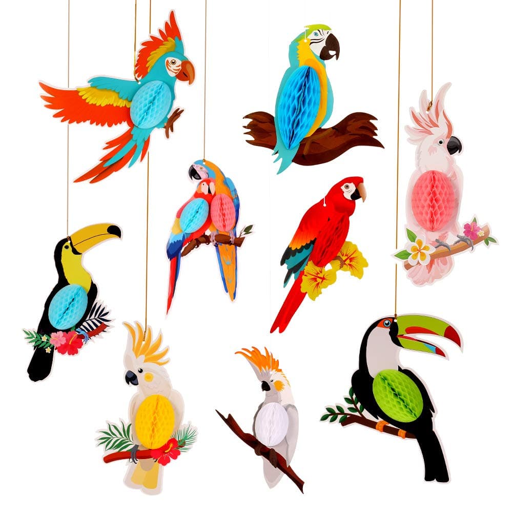 umorismo 9 Pieces Tropical Birds Honeycomb Parrot Paper Cutouts Hawaiian Summer Beach Luau Party Hanging Decorations