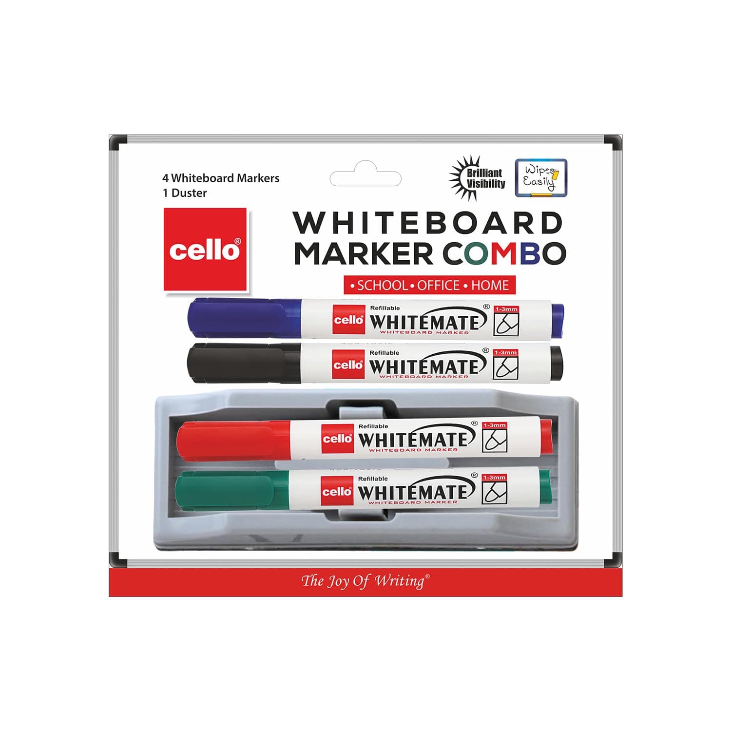 Whitemate Whiteboard Markers | Set Of 4 Markers And 1 Duster | 4 Assorted Ink Colours | Bold Point Marker Pens With Easily Refillable And Erasable Ink | Writes Longer.