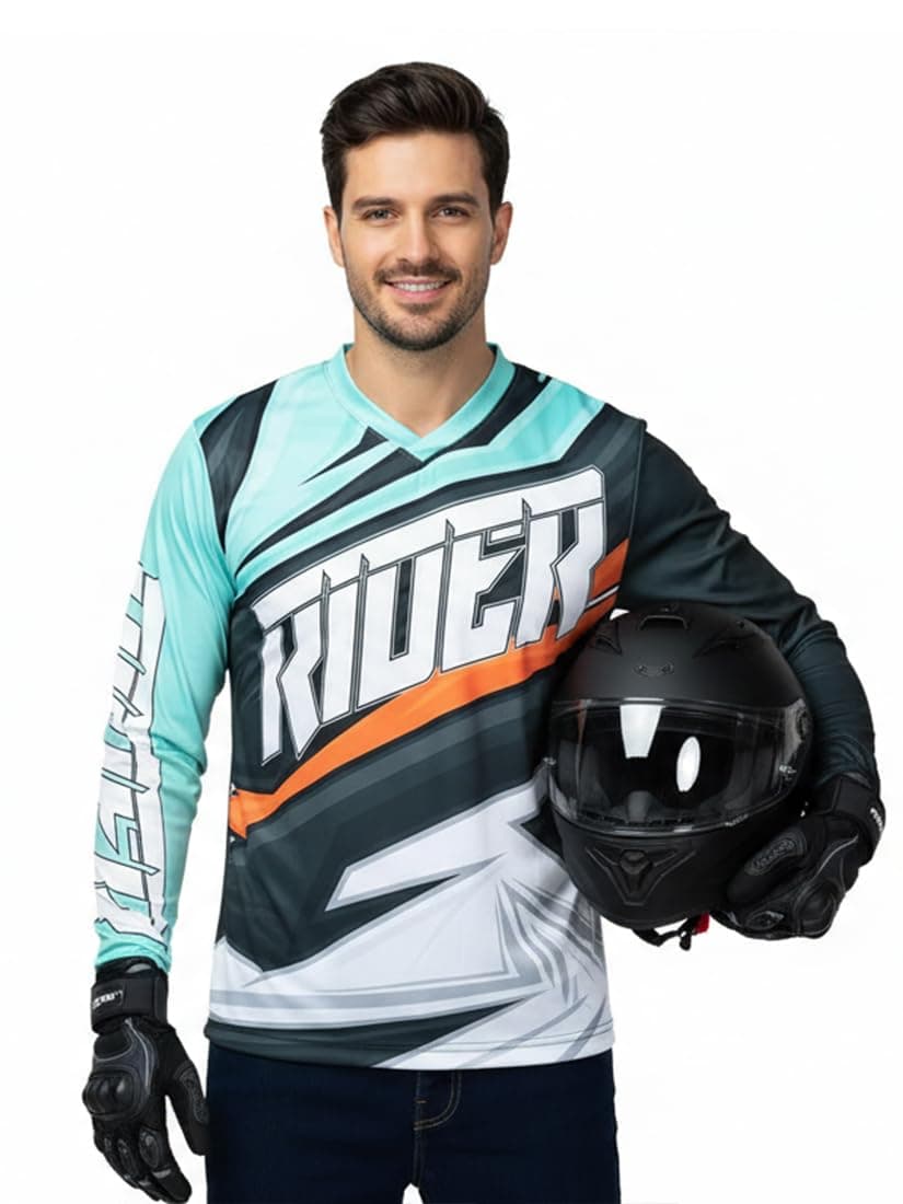 WANDERLOOMS Bike Rider Jersey for Men Full Sleeve T-Shirt Round Neck Trackside Thunder Graphic Printed Riding Clothes Sports Tshirt