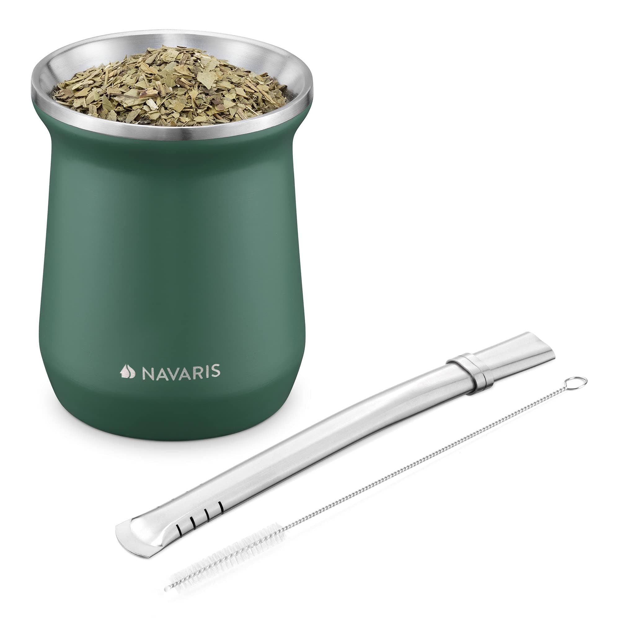 Navaris Yerba Mate Cup - 300ml Double Walled Stainless Steel Mate Tea Set with Gourd Cup Mug and Bombilla Straw and Brush for Mate Drink - Green