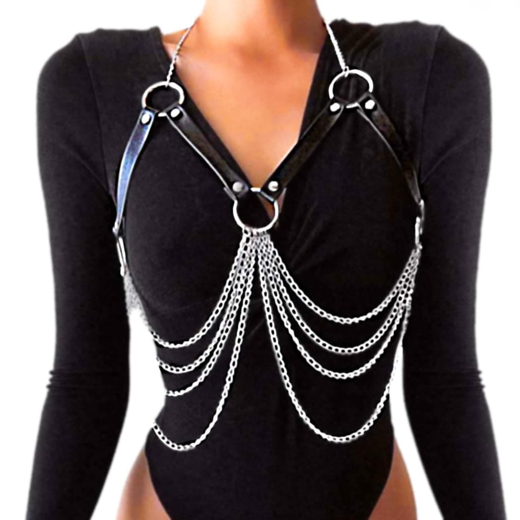 REETAN Chest Chain Belt Rave Fashion Goth Leather Body Harness for Women