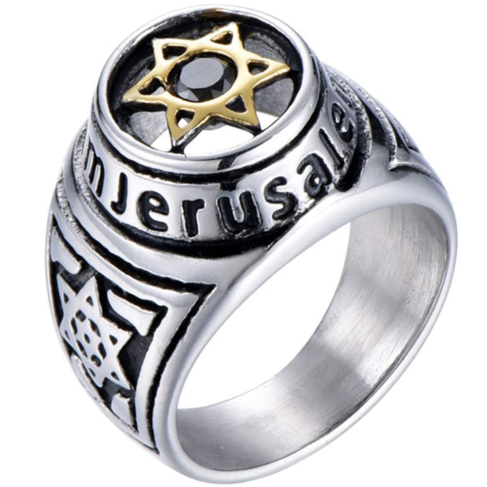 Stainless Steel Jerusalem Star of David Black Onyx Singet Ring