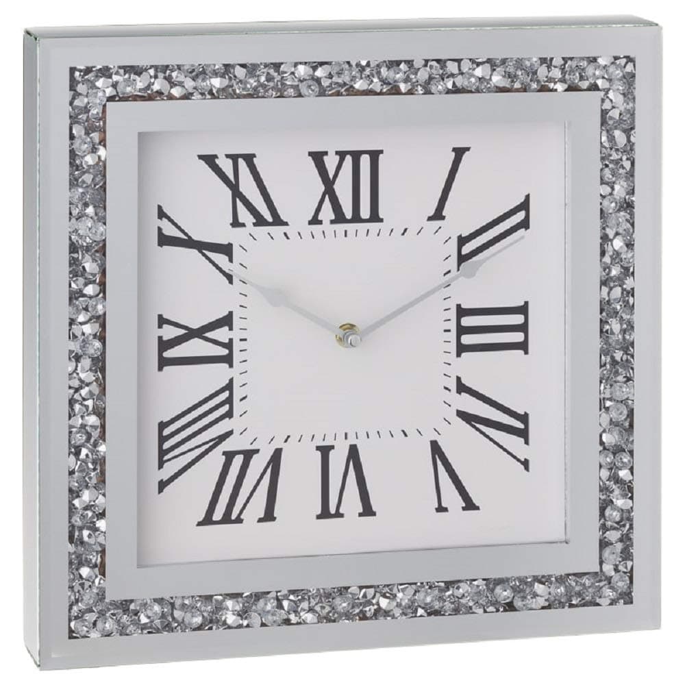 Mode Large Square Silver Glitter Wall Clock - Diamante