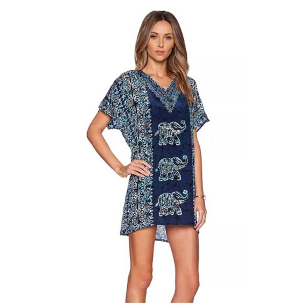 Vintage Ethnic Elephant & Floral Print V Neck Dress Straight Short Sleeve (Size L)