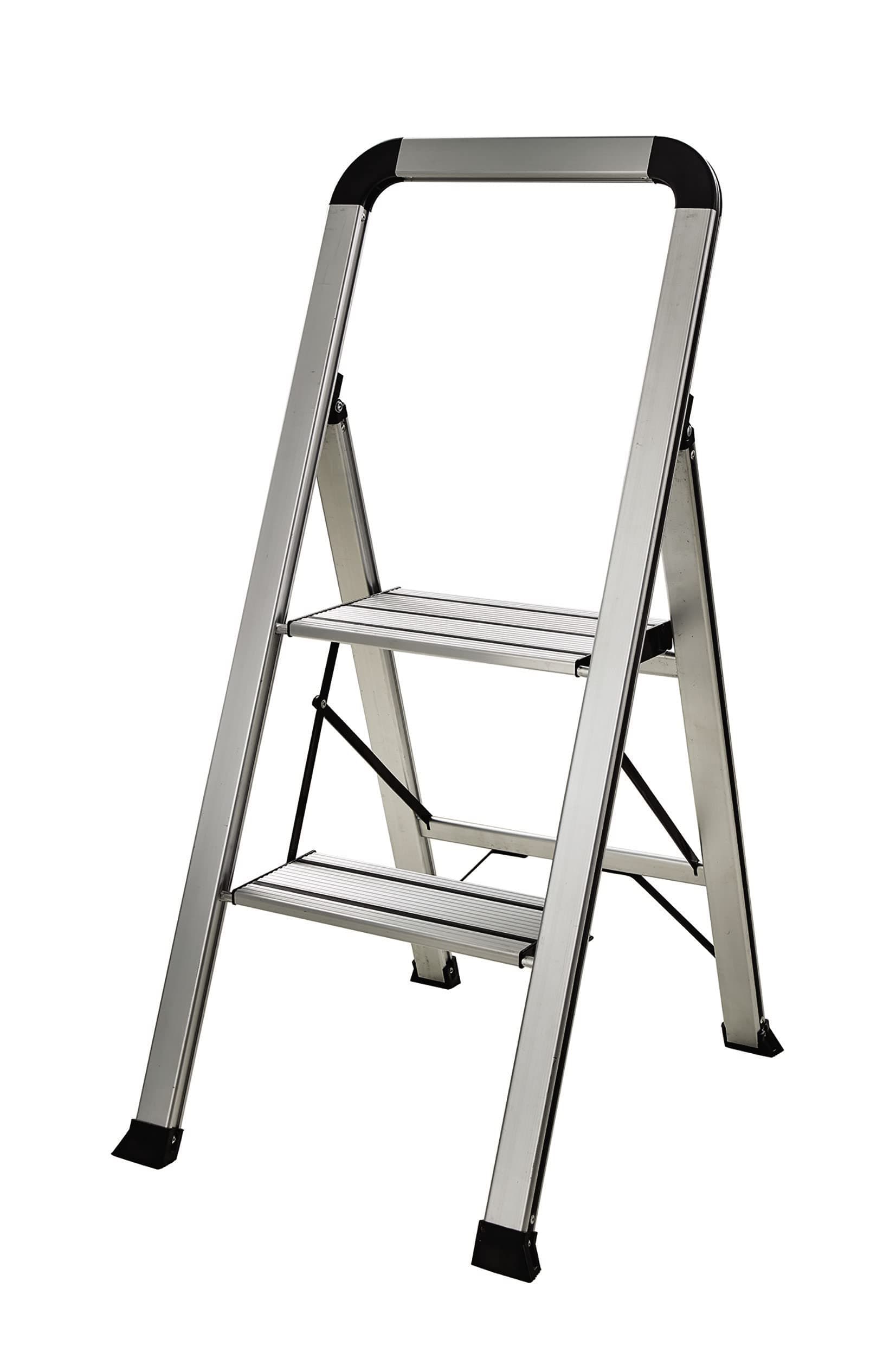 BERGMANSlimline Step Ladder - 2 Step Aluminum Folding Ladder, Portable Slim Step Stool - Household Safety Ladder with Non Slip Steps and Handrail
