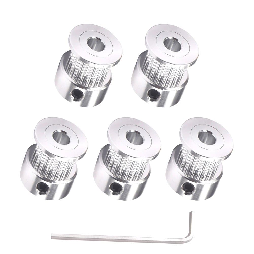 Houkr 5PCS Aluminum 20 Teeth GT2 Timing Belt Pulley 6mm Bore 6mm Width, Synchronous Wheel for 3D Printer Parts Width 6mm Timing Belt and M4 Wrench, for RepRap 3D Printer Prusa I3
