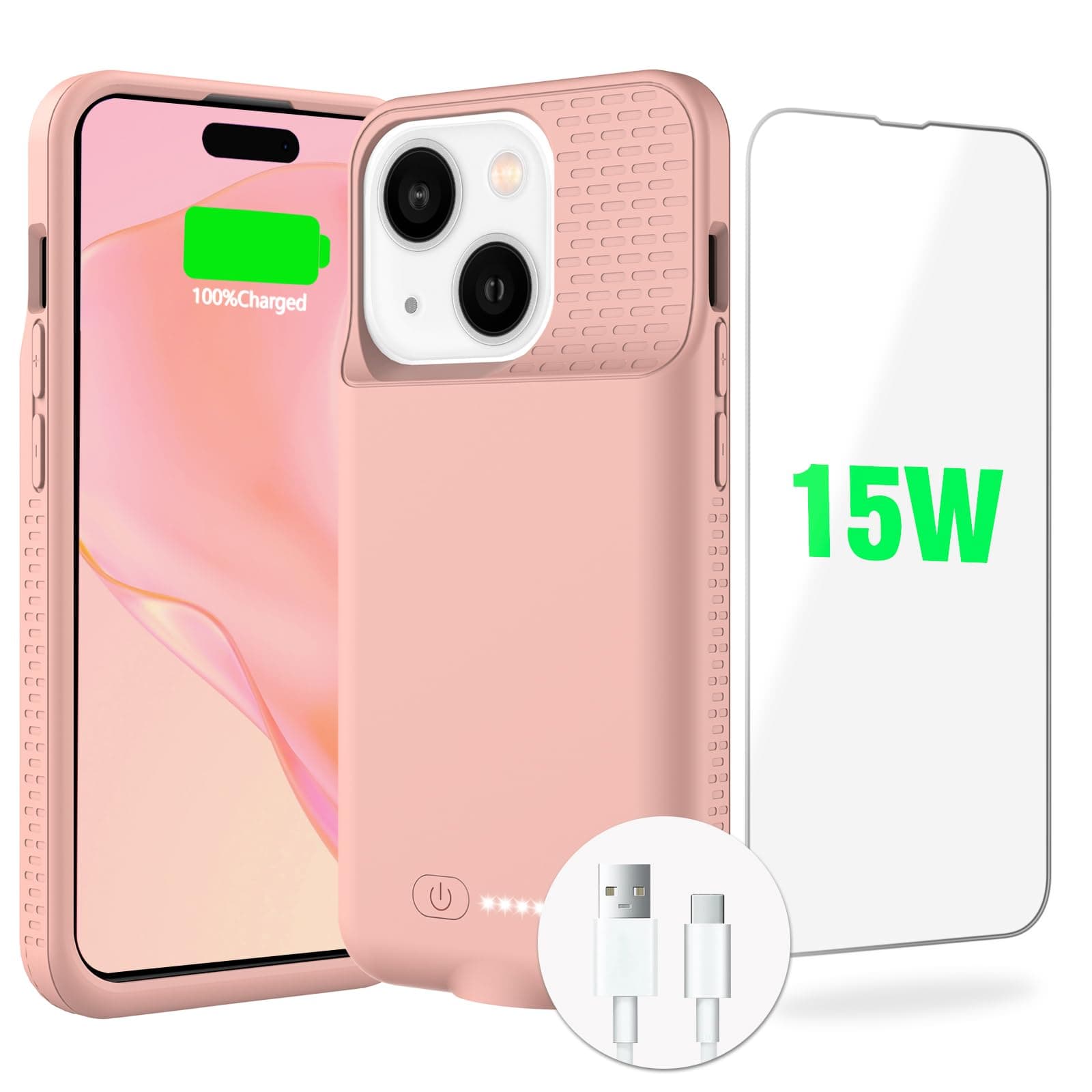 GIN FOXIBattery Case for iPhone 15/15 Pro, Ultra-Slim Lightweight Powerful 7000mAh Charger Case Rechargeable Anti-Fall Premium TPU Anti-Slip 15W Fast Charging Case for iPhone 15&15 Pro (Pink)
