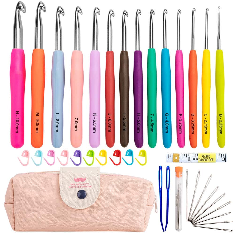 Crochet Hooks Set,14 Pcs Ergonomic Soft Grip Handles Large-Eye Blunt Knitting Needles Kit with Case for Arthritic Hands,2.25mm(B)-10mm(N) Extra Long  Plus Knit Needles Weave Yarn Set,Best Gift (A)