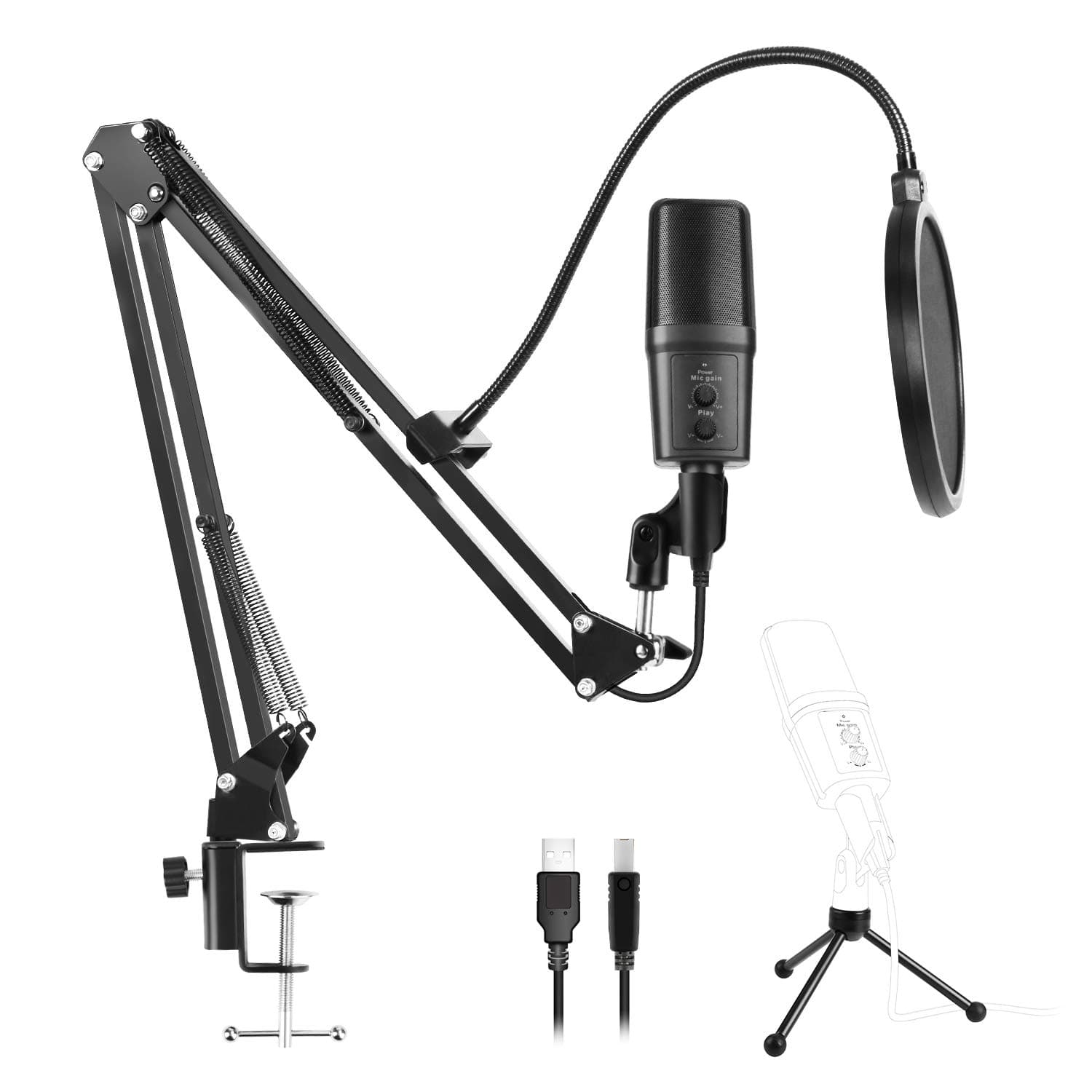 USB Microphone, Kungber Condenser Microphone Kit Computer PC Mic for Professional Studio Recording & Broadcasting with Suspension Scissor Arm Stand/Pop Filter/Tripod Stand/USB Cable