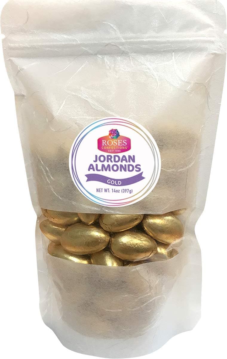 Roses Brands: Jordan Almonds - 2, 14oz Bags - Metallic Gold Foil Wrapped - Bulk Candy Bag for Party Favors - Fresh, No Gluten, Low Sodium - Great Party Candy for Easter, Weddings and Baby Showers
