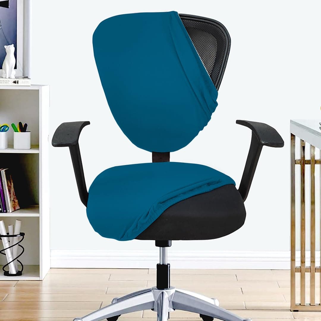 HOTKEI Set of 2 Airforce Blue 2 Piece Office Chair Cover 200GSM Fabric Stretchable Solid Elastic Removable Washable Office Computer Desk Executive Rotating Chair Seat Covers Slipcover Protector