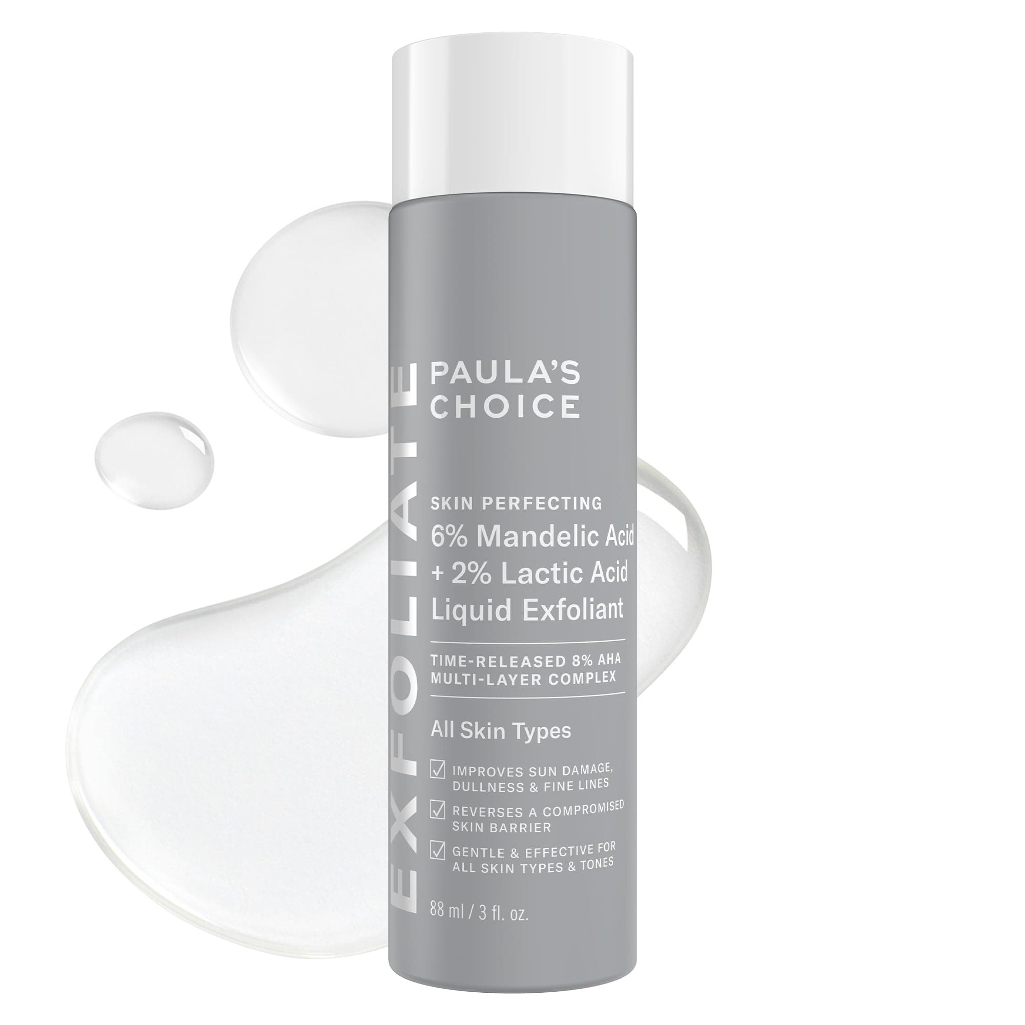 - Paula’s Choice 6% Mandelic Acid + 2% Lactic Acid Exfoliant, Gentle Daily AHA Exfoliation for Discoloration, Bumpy Texture & Radiance, for Sensitive Skin, Fragrance-Free