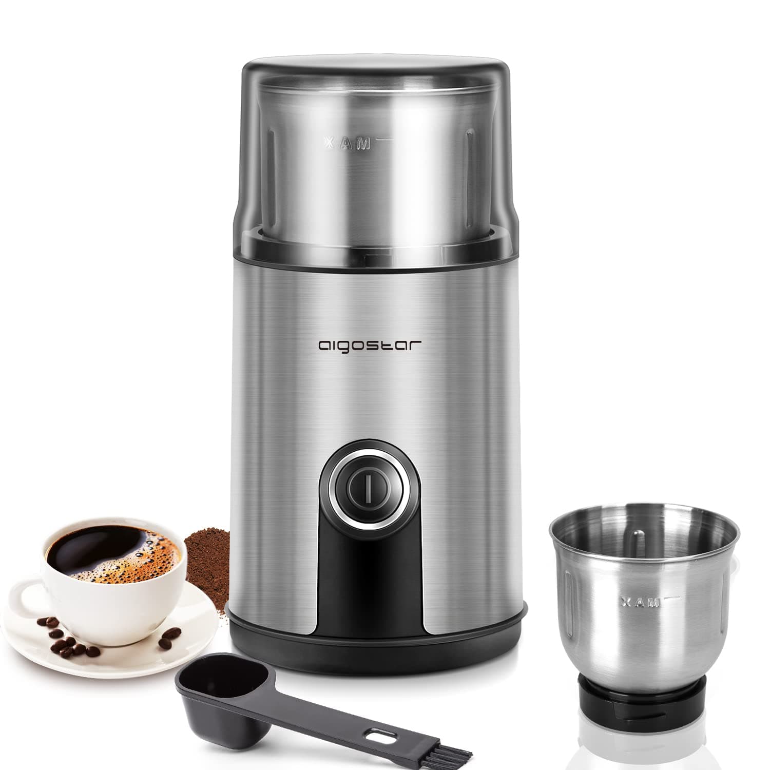 Aigostar Electric Coffee Grinder, Removable Stainless Steel Bowl, 200W, 75g Capacity, Grinding Mill for Coffee Beans, Spice, Nuts, Seeds, Herbs, Free Cleaning Brush - Otto 30RYI.