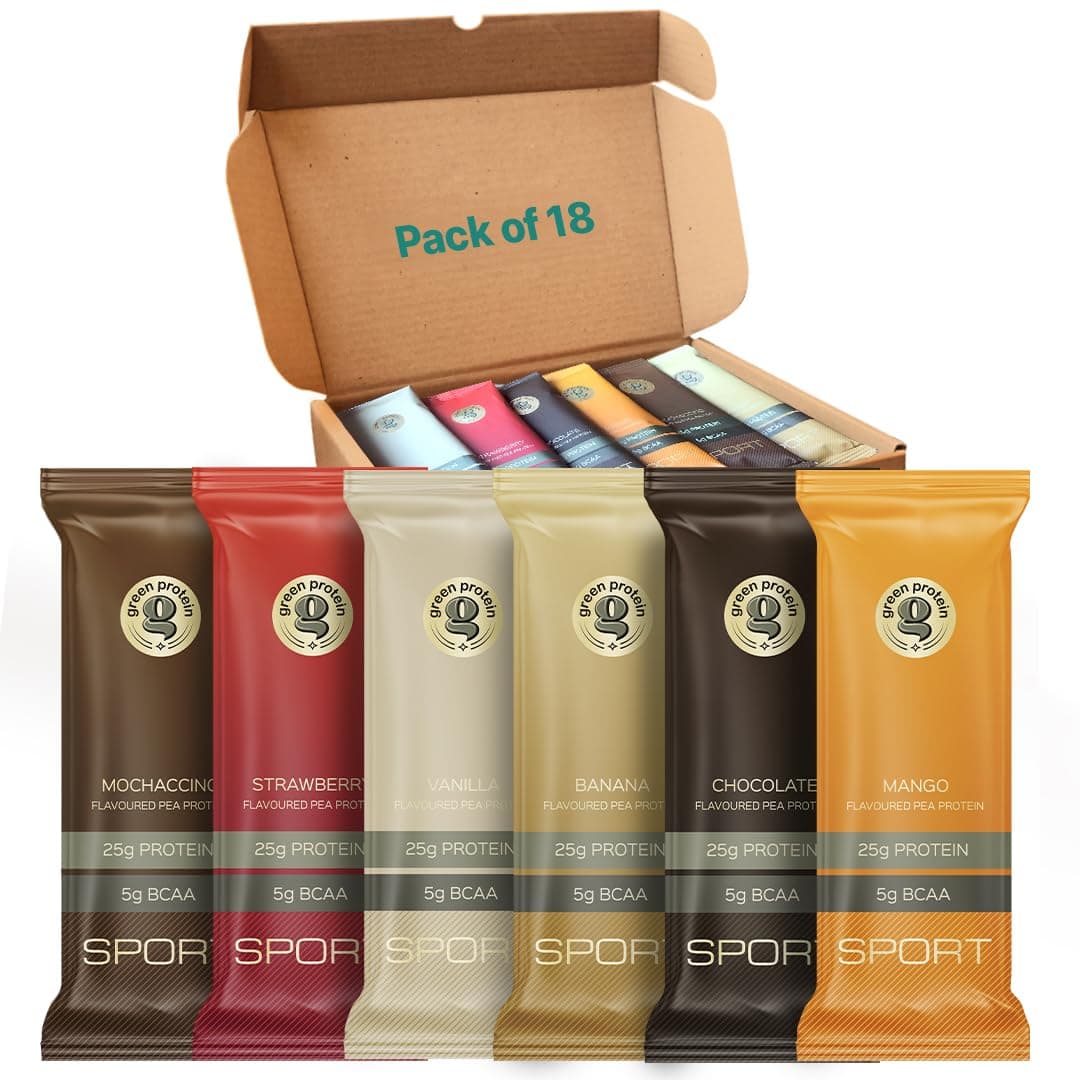 - GREEN PROTEIN Sport Pea Protein Isolate Powder, 100% Vegan 25gm Plant Protein (Pack of 18, Sport Multi Flavour (Pack of 18))