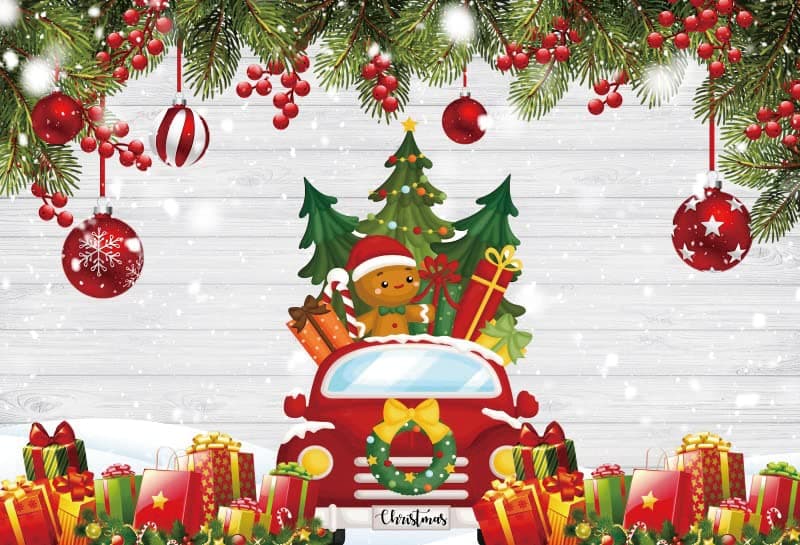 AWERT 12x10ft Winter Christmas Backdrops for Photography Gifts Truck Gingerbread Man Christmas Pinetree Balls Glitter Bokeh Wood Board Xmas Party Backgrounds Christmas Studio Props Wall Decorations