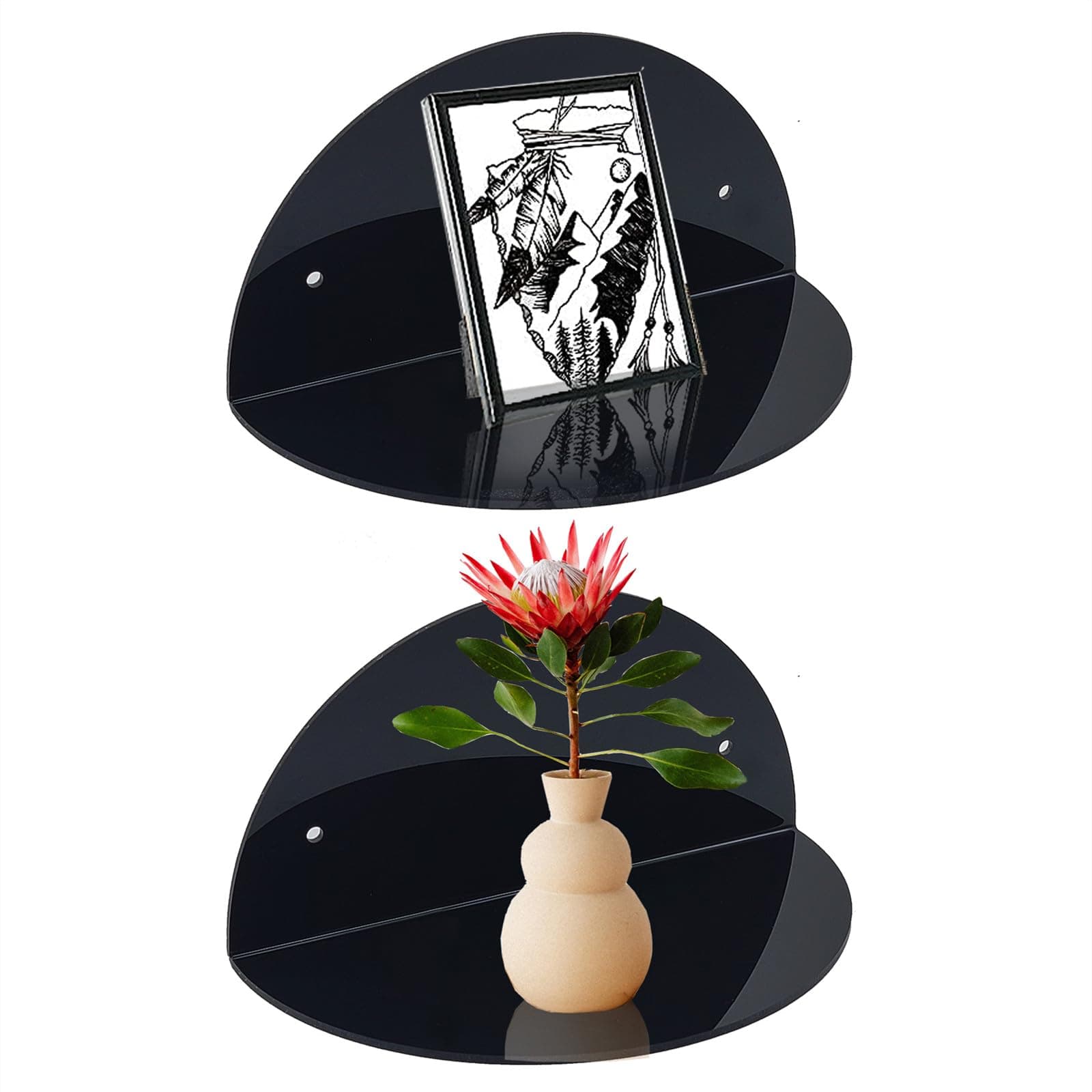 ROYALITA Small Acrylic Shelves Room Decor Floating Shelves (2-Pack, 8-inch Diameter) - Wall Mounted Display Stand for Plants, Toys, Makeup, and More - Ideal for Home and Office, Black