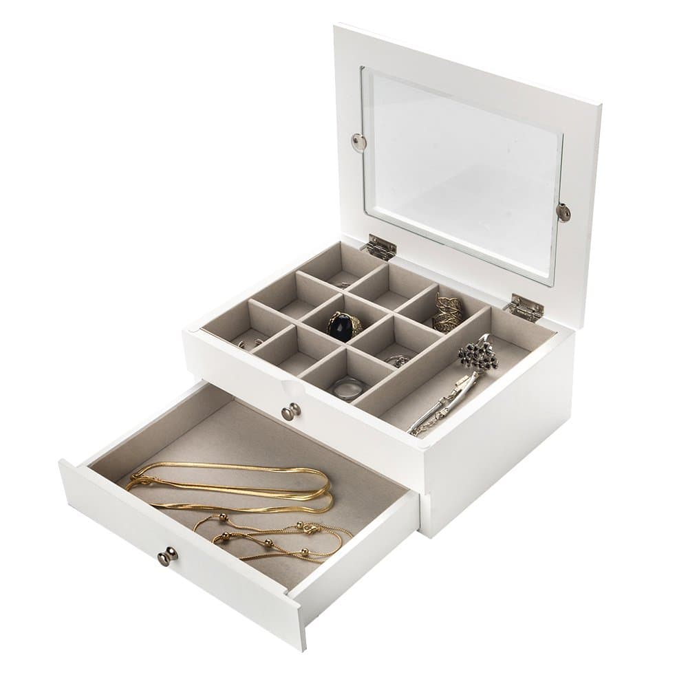 INART Small Wooden Jewelry Box Necklace Organizer Ring Storage for Women with Glass Top, White Finish