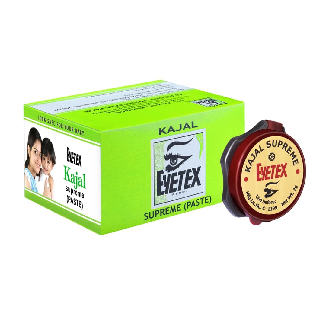 Eyetex Kajal Supreme Paste, Black, Pack of 10, Baby-Safe, All Natural Kajal, Skin-Friendly, Cooling Effect on Eyes, Popular for over 80 years, Vegan
