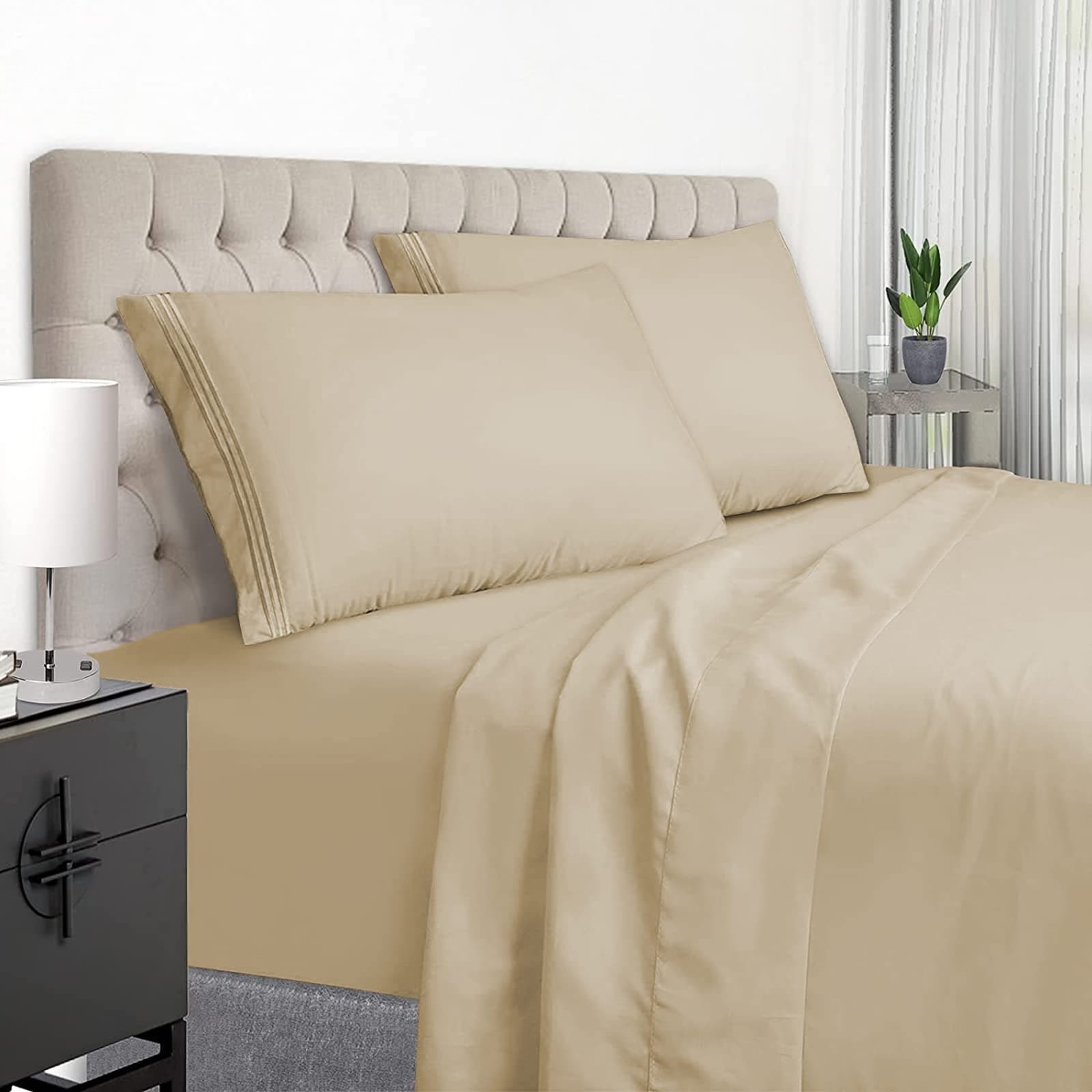 EaseHome Beige Queen Size Bed Sheets Set Deep Pocket to 18 inches Mattress 4 Piece - Premium Bedding Sheets & Pillowcases Collection - Extra Soft,Wrinkle, Fade, Stain Resistant