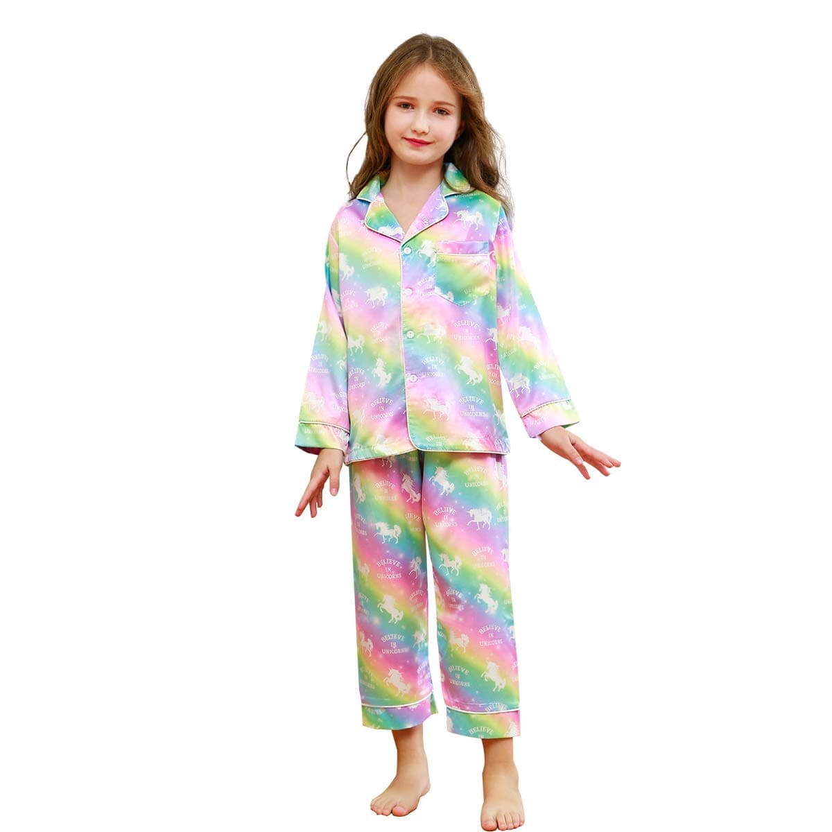 Kids Unicorn Satin Pajamas Set Long Sleeve Night Sleepwear Homewear Set
