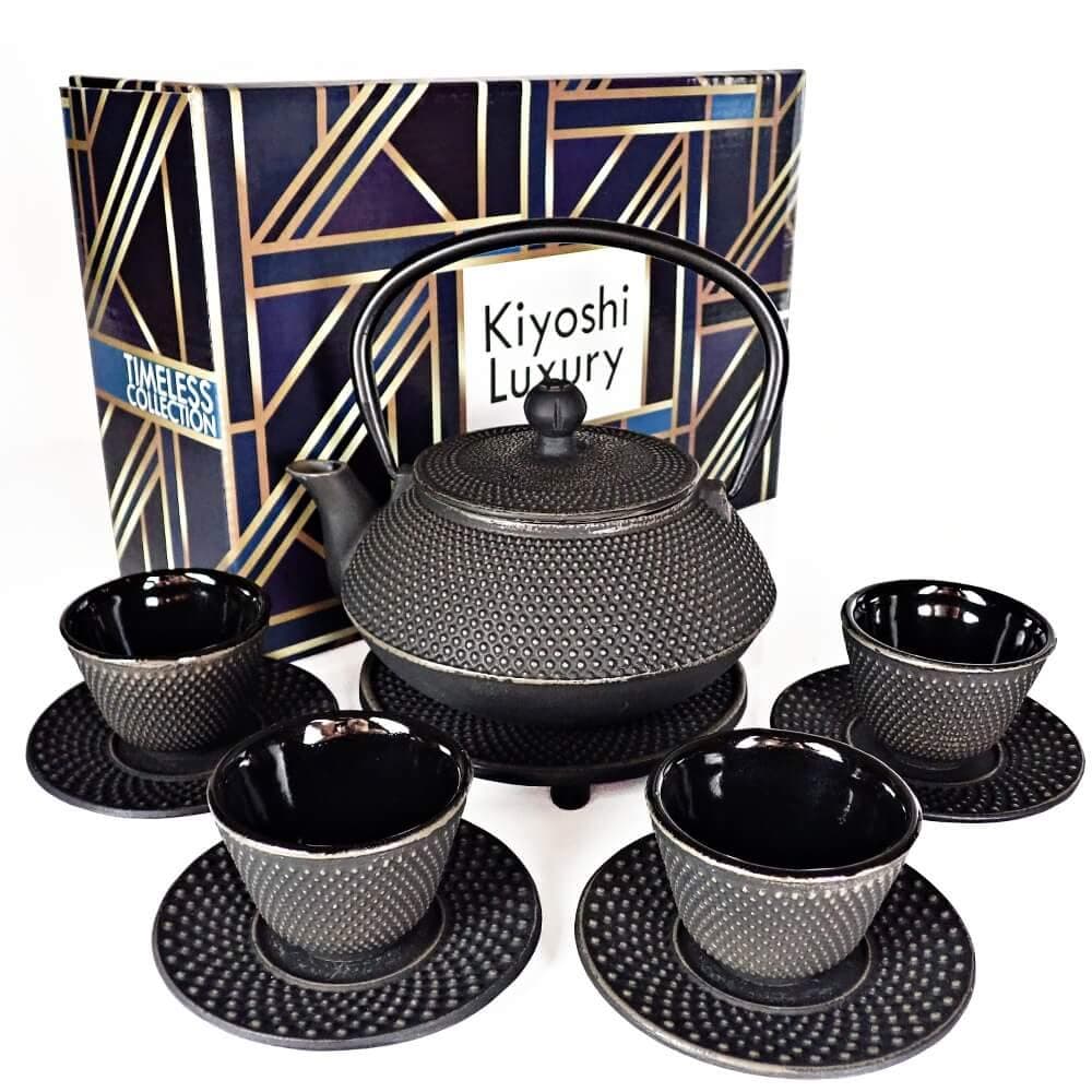 Large 11PC Japanese Tea Set "Gashu Black" Cast Iron Tea Pot 26Oz with 4 Tea Cups (2Oz each), 4 Saucers, Loose Leaf Tea Infuser and Trivet Ceremonial Matcha Accessories