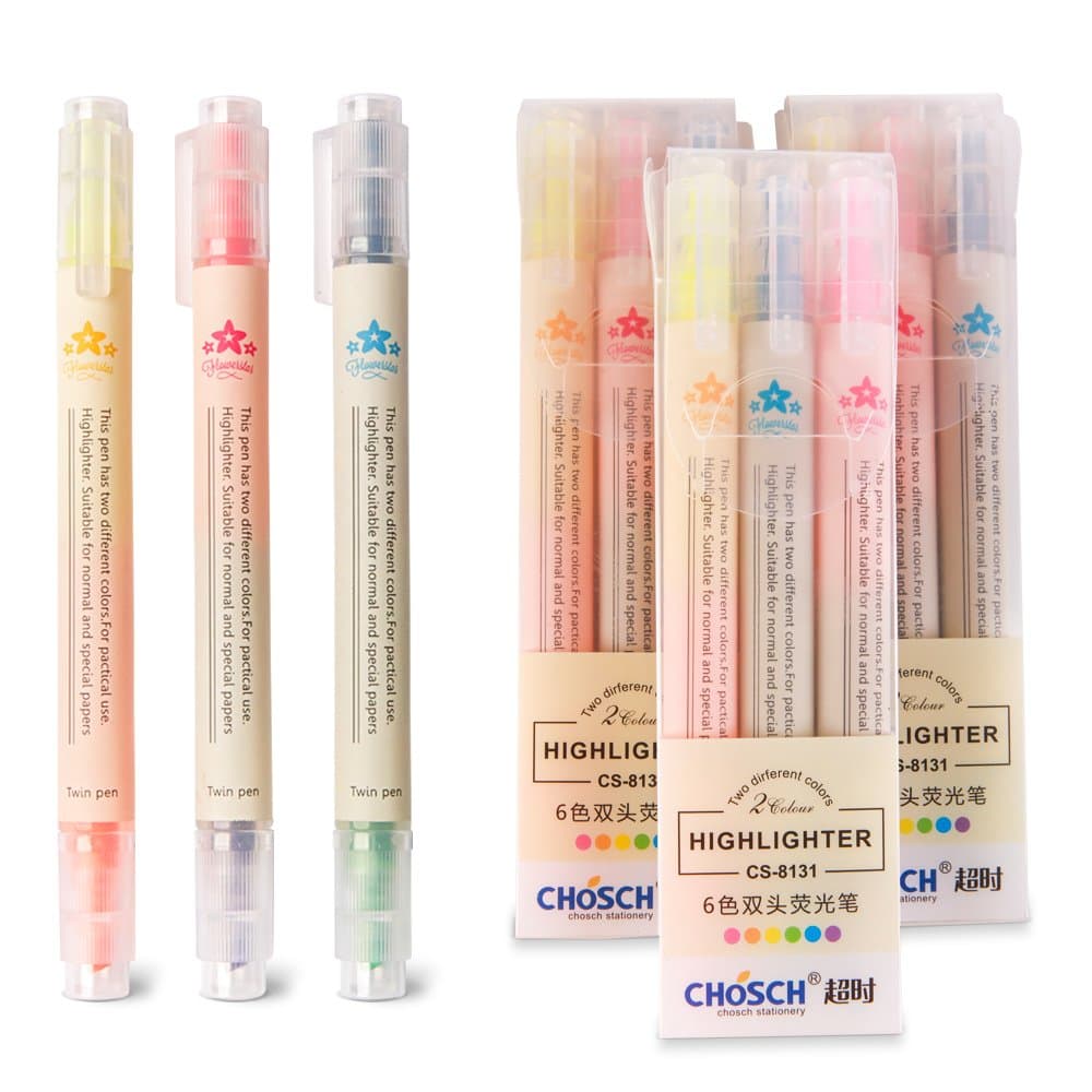 3 Sets Dual Tips Chisel Highlighter, 3 Highlighters For 6 Colors, 3-Count in 1 Set, 3 Sets Value Pack.