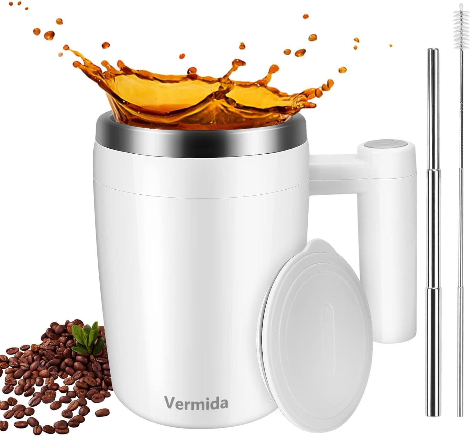 Self Stirring Coffee Mug, Automatic Stainless Steel Magnetic Stirring Coffee Mug with 2Pc Stir Bar,13oz Automatic Mixing Cup for Milk/Coffee, Double Wall Insulation Tumbler for Outdoor,Home,Office