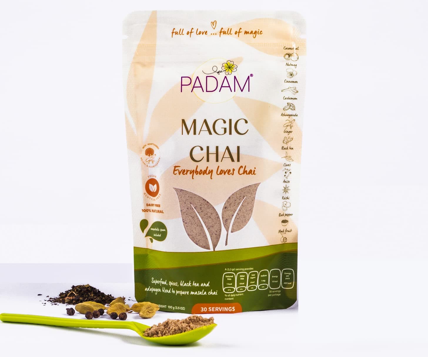 Masala Chai blend with 12 ingredients | Gluten-Free, Vegan | 3.5 Oz, 30 servings | Magic Chai with Black tea, superfoods, adaptogens and spices | Padam MAGIC CHAI