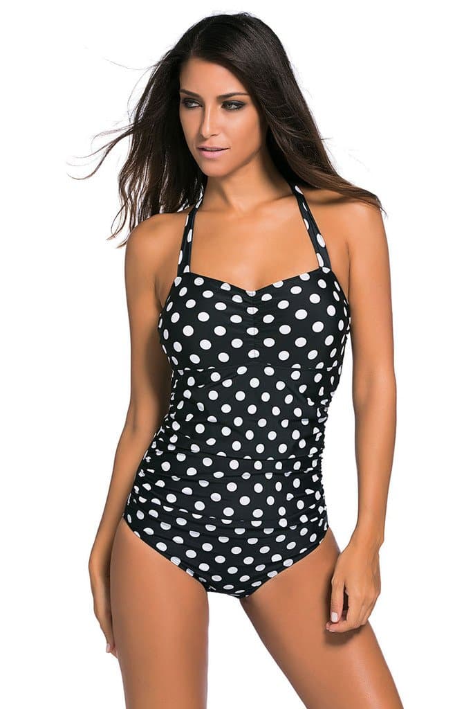 One Piece Swimsuits for Women Polka Dot Tummy Control Vintage Swimwear Halter Bathing Suit Beachwear Black L
