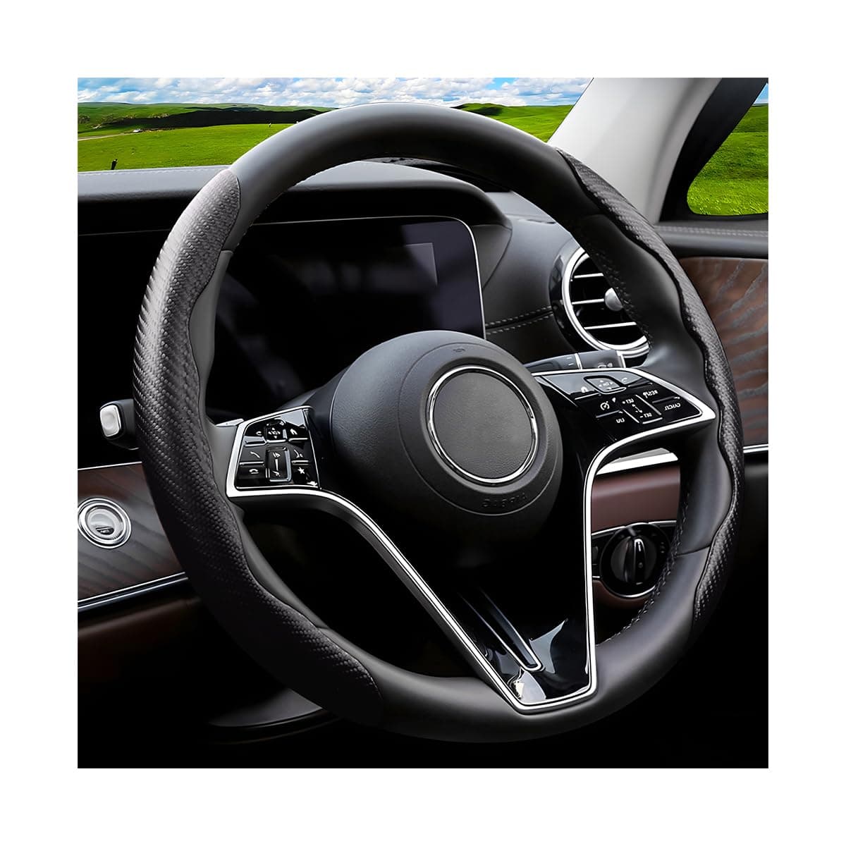 Adunsiaoto Carbon Fibre Segmented Steering Wheel Protector for Car, Ultra Thin Non-Slip Synthetic Leather Steering Wheel Covers, Universal Car Steering Wheel Cover, Non-Slip (Black)