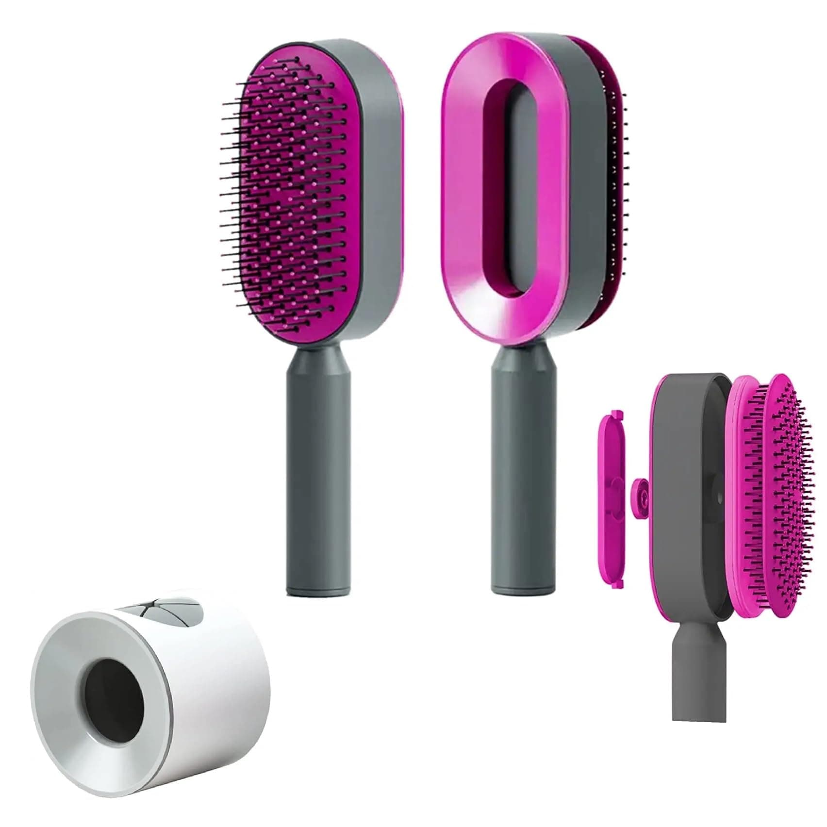 Easy Clean Hairdressing Brush Self Cleaning Hair Brush for Men and Women with White Wall Mounted Base Holder, 3D Airbag One Click Quick Cleaning Massage Comb Anti Static (Pink Comb - Grey Holder)