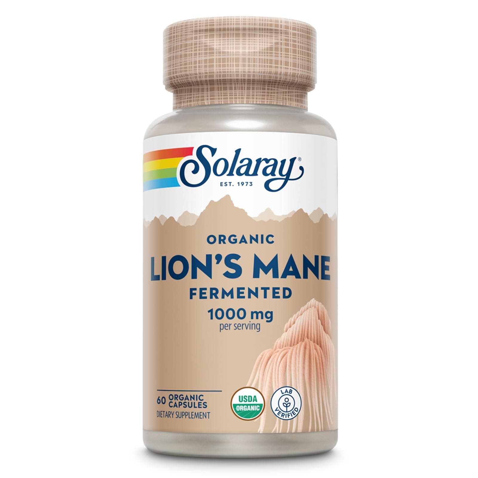 SOLARAY Organic Lions Mane Supplement Capsules - Providing 1000 mg of Lion's Mane Organic Mushrooms, Fermented for Enhanced Absorption - Vegan, 60-Day Guarantee, Lab Verified, 30 Servings, 60 VegCaps