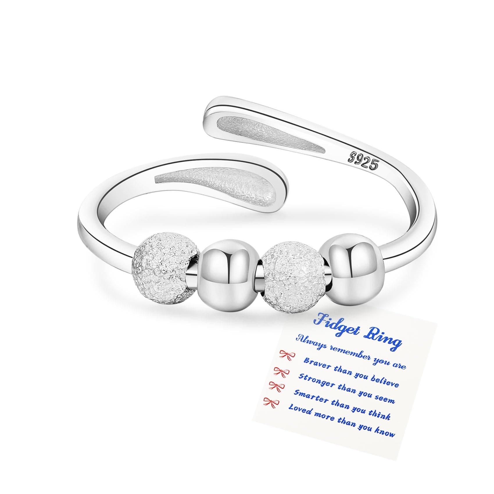Anxiety Rings for Women Sterling Silver Rings Adjustable Stress Spinner Rings with Beads Fidget Rings for Anxiety Women