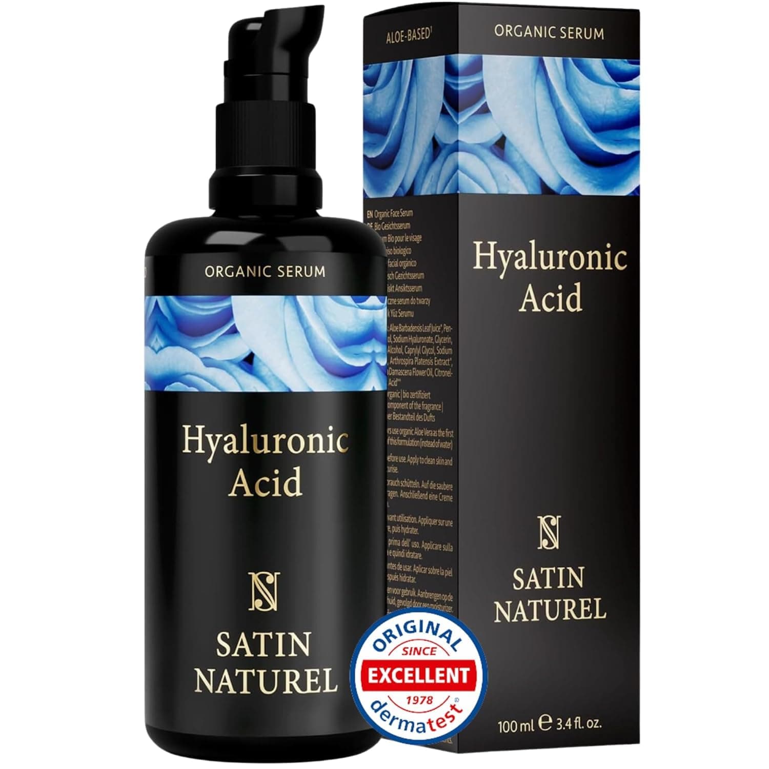 Satin Naturel Organic Hyaluronic Acid Serum Face Moisturizer for Sensitive Skin (100ml) - Dermatologically Tested, Organic Ingredients, No Harmful Chemichals - Reduces Wrinkles and Fine Lines