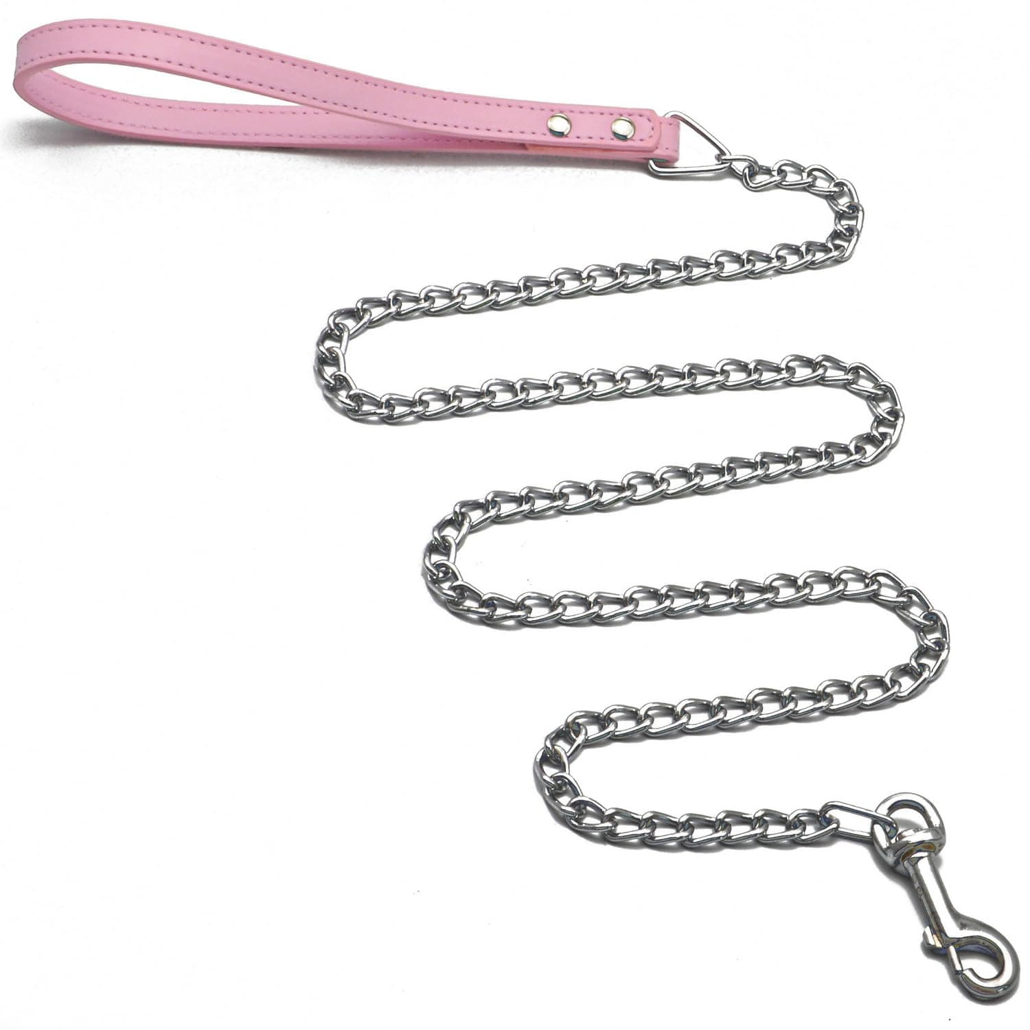 Medium small-sized pet dog chain leash lead with PU leather handle (Pink)