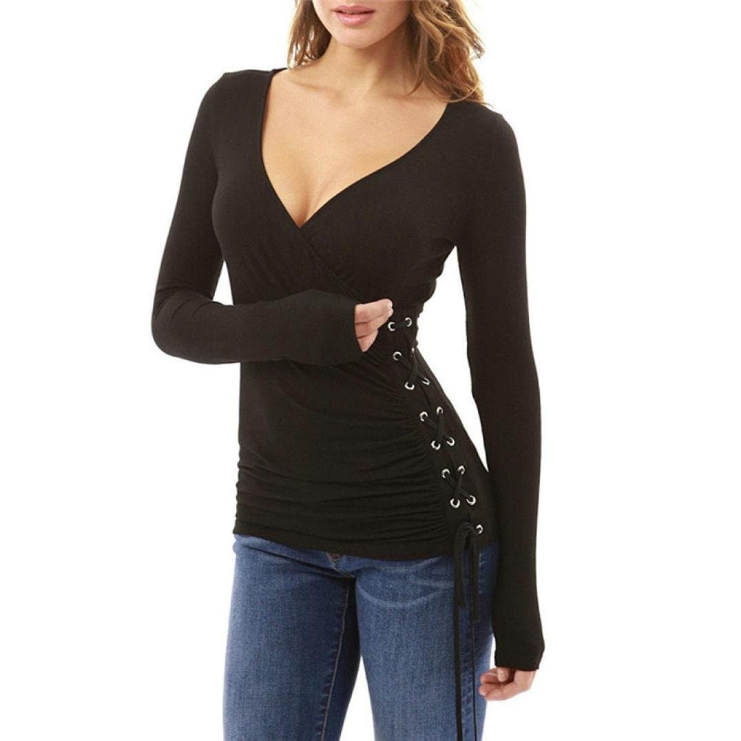 Women blouse, YISAI Women's Sexy Slim V Neck T-Shirt Ladies Long Sleeve Fashion Casual Straps Tops Shirt Blouse Tee (XL, Black)